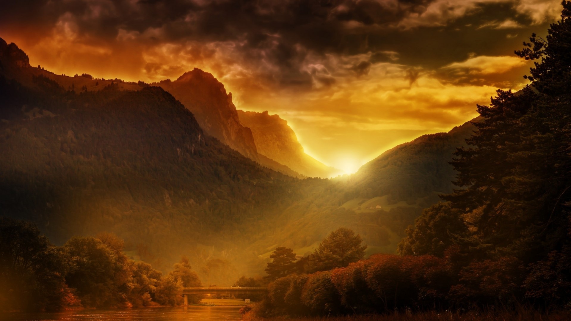 Sunset over mountains and river HD Wallpaper