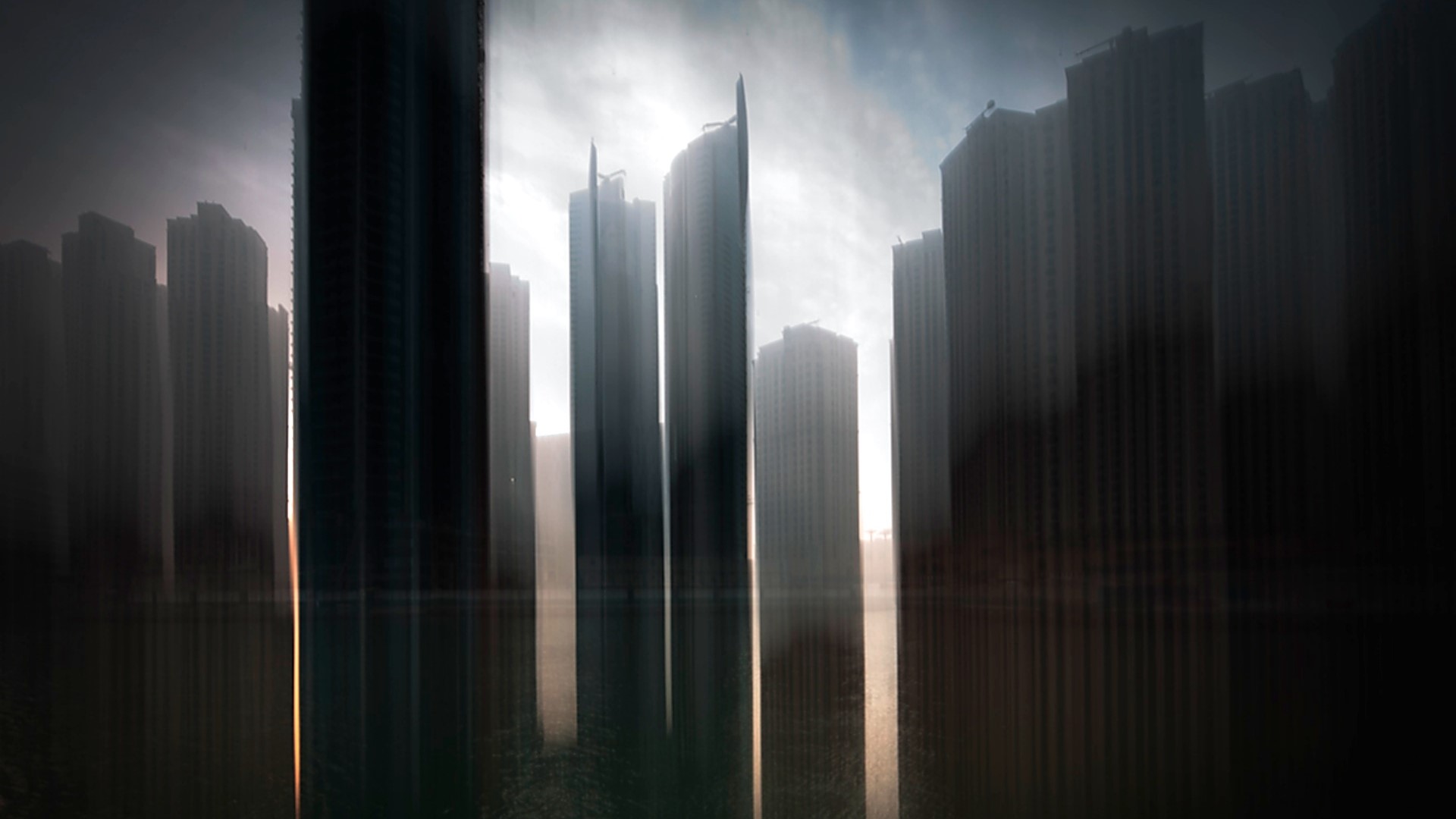 Abstract skyscrapers reflected in water HD Wallpaper