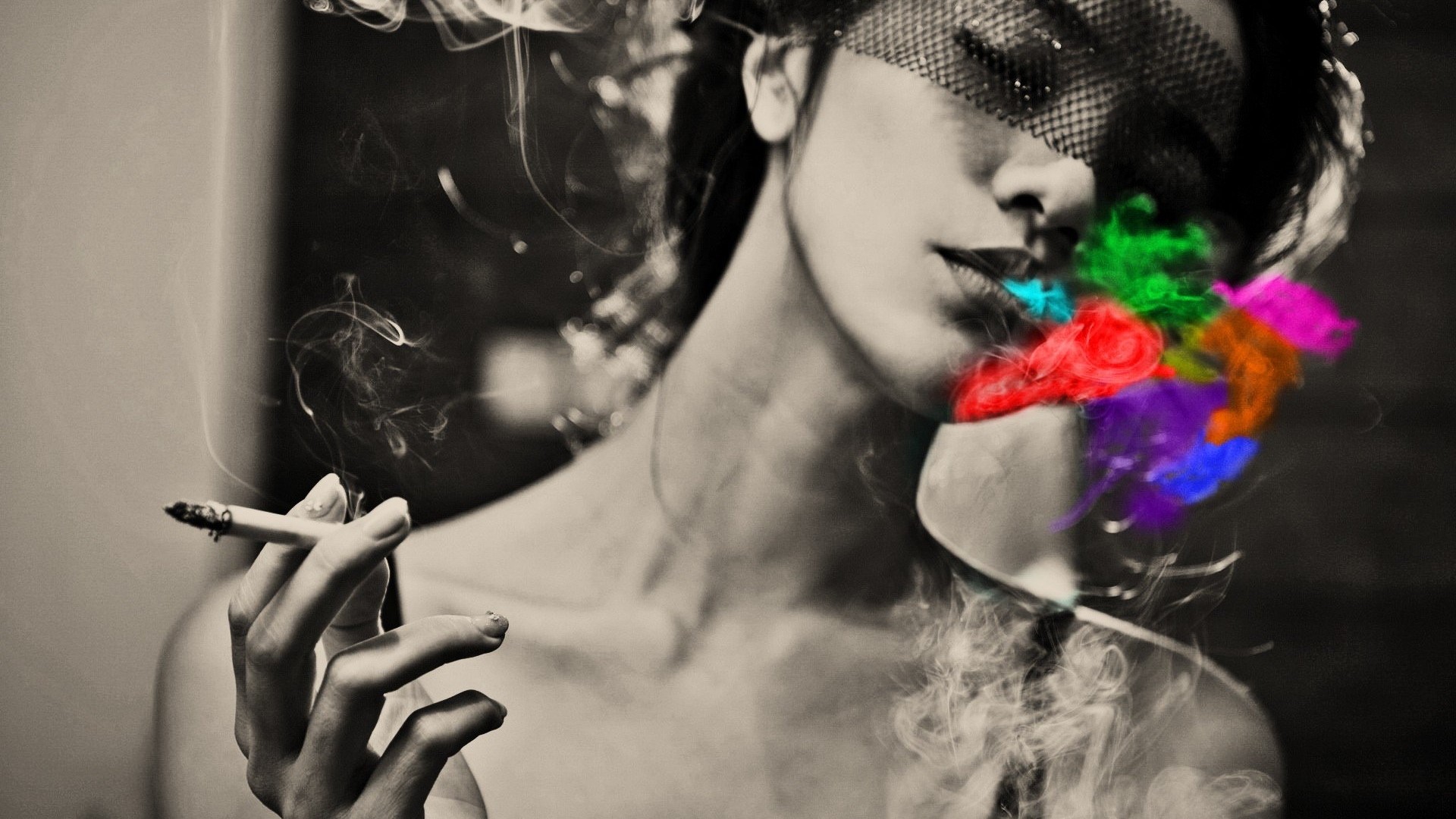 Woman smoking with colorful smoke HD Wallpaper