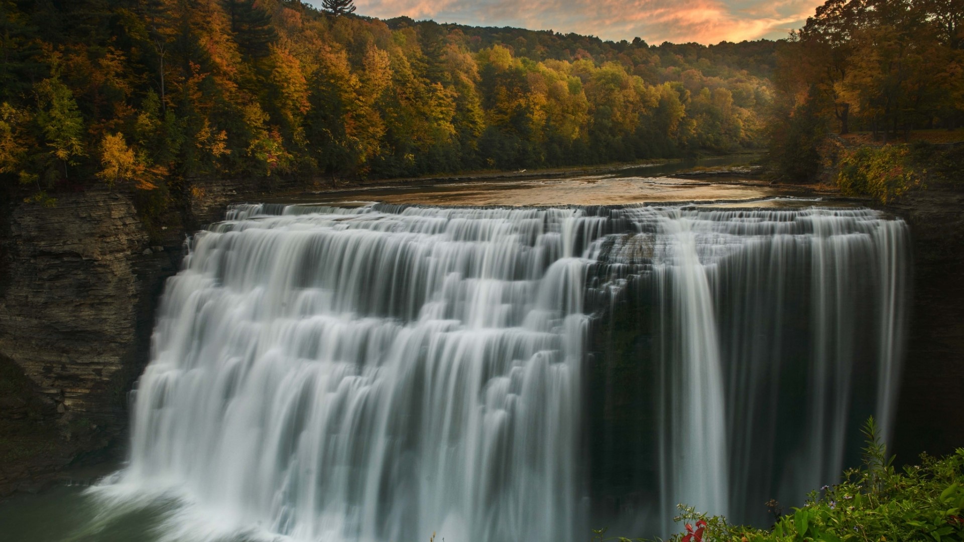 Waterfall in Autumn Forest HD Wallpaper