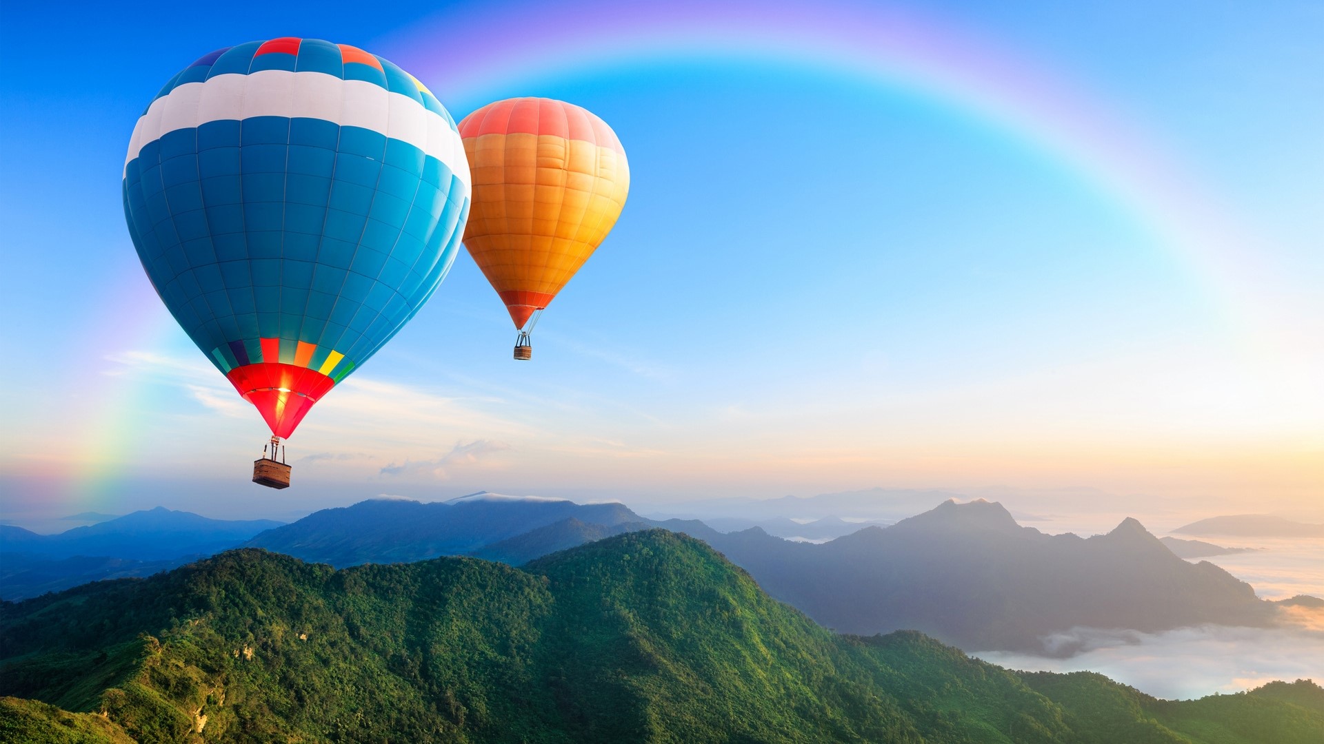 Hot Air Balloons Over Mountains with Rainbow HD Wallpaper