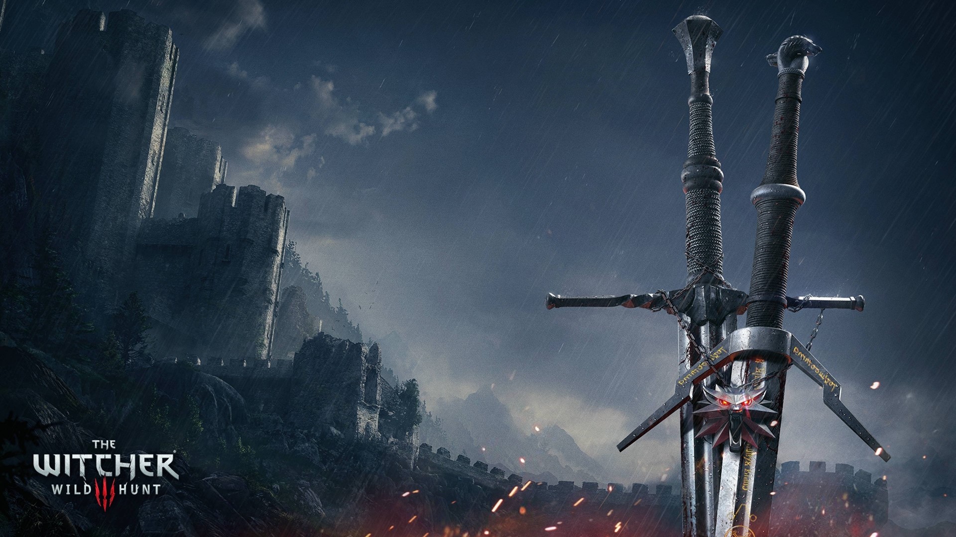 The Witcher 3 Wild Hunt swords and castle HD Wallpaper