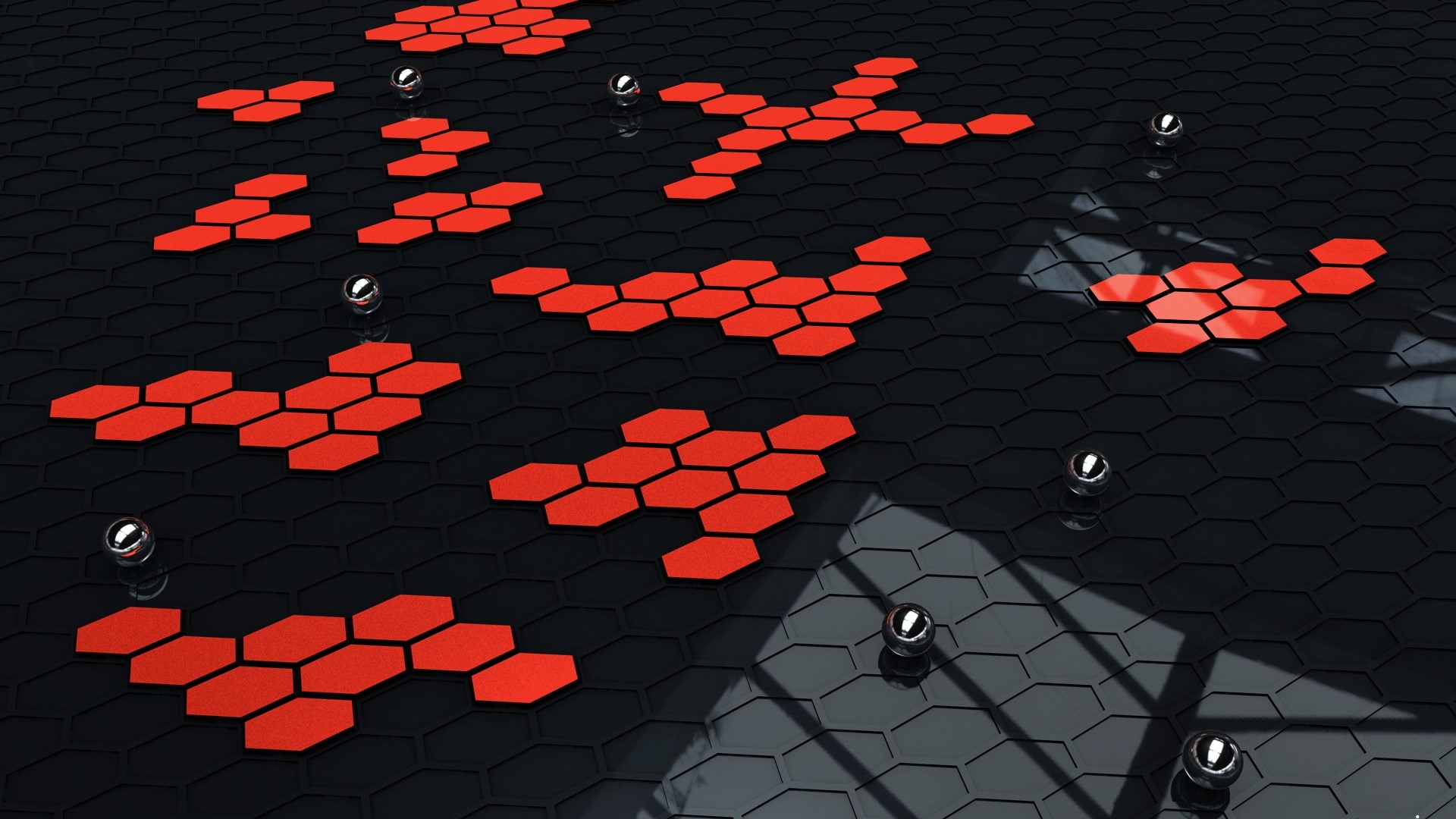 Red hexagons and silver spheres on a black honeycomb surface HD Wallpaper