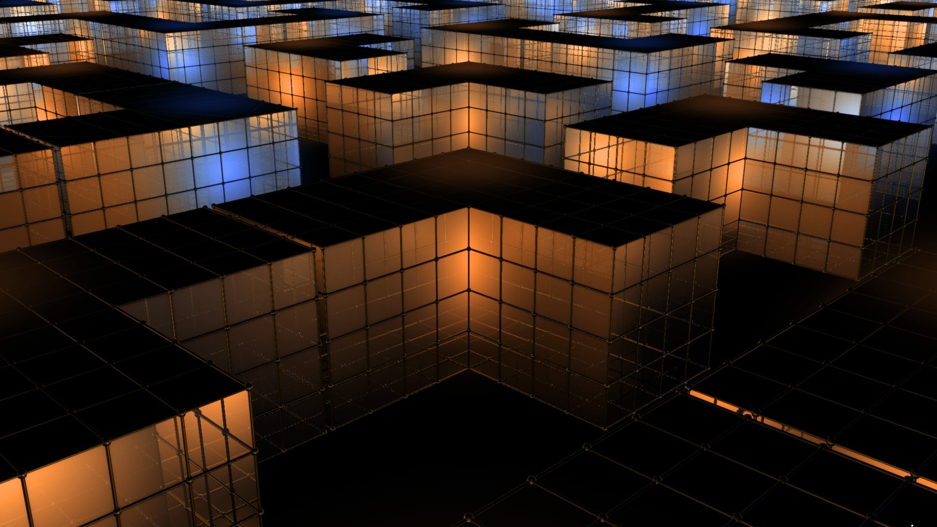 Abstract geometric blocks with orange and blue lighting HD Wallpaper