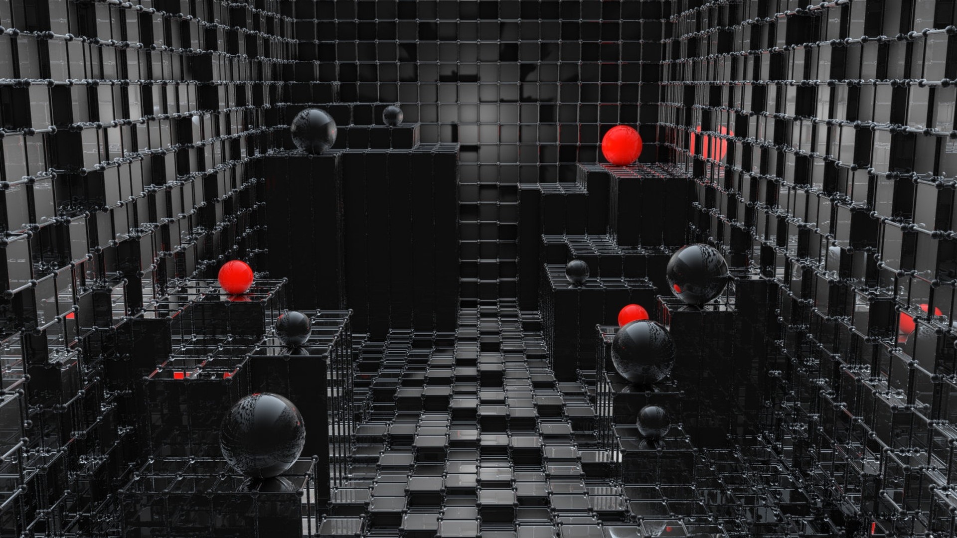 Abstract 3D render of black and red spheres in a cubic environment HD Wallpaper