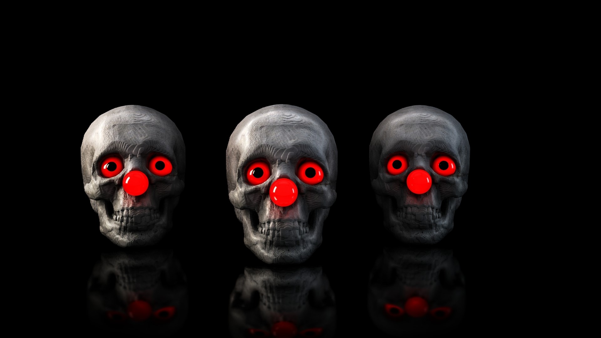 Three clown skulls with red noses and glowing eyes HD Wallpaper