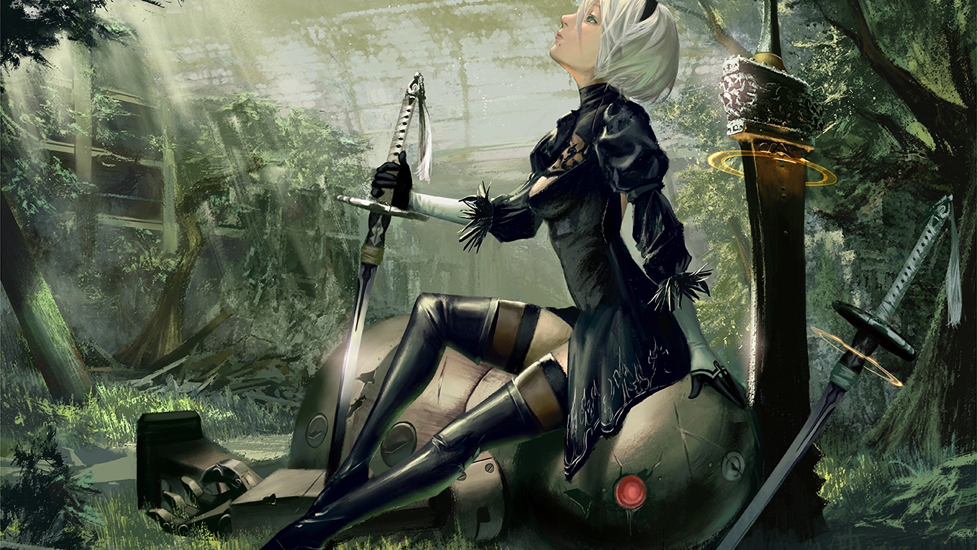 2B from Nier: Automata with swords in forest HD Wallpaper