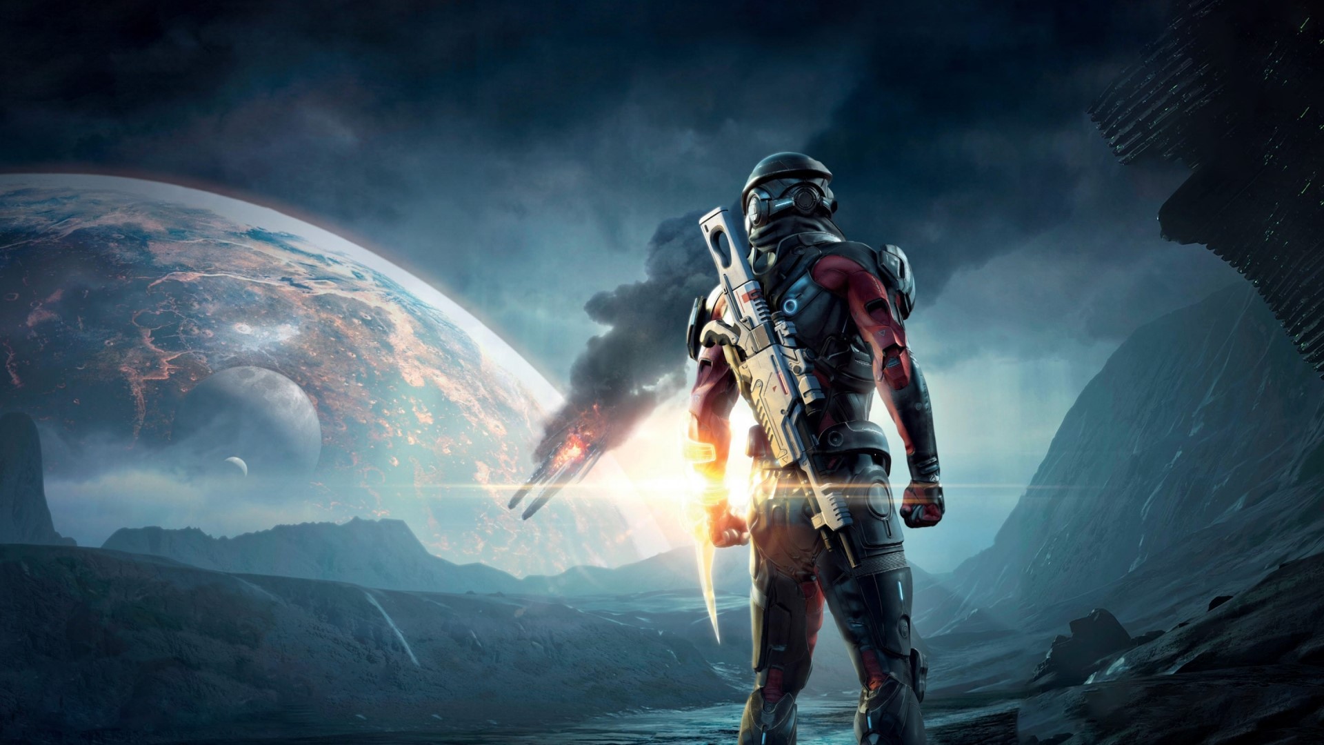 Soldier in armor with rifle on alien planet with large planet in sky HD Wallpaper