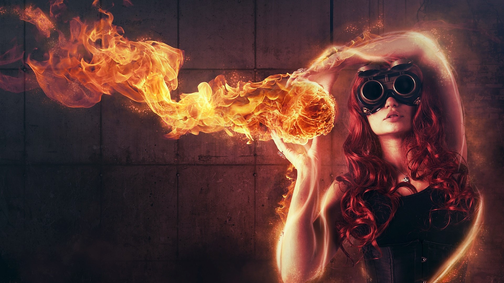 Woman with goggles conjuring fire HD Wallpaper