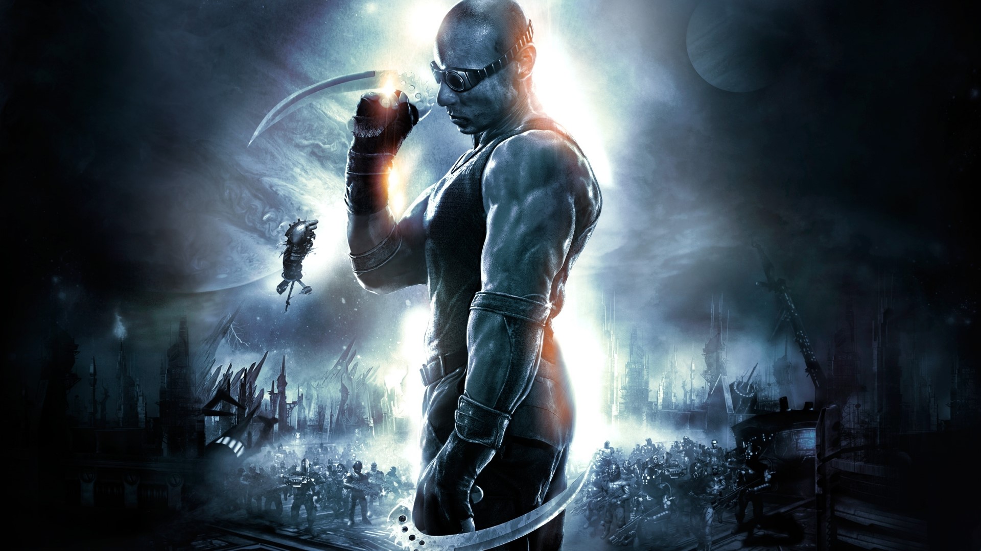 Riddick in a futuristic alien landscape HD Wallpaper