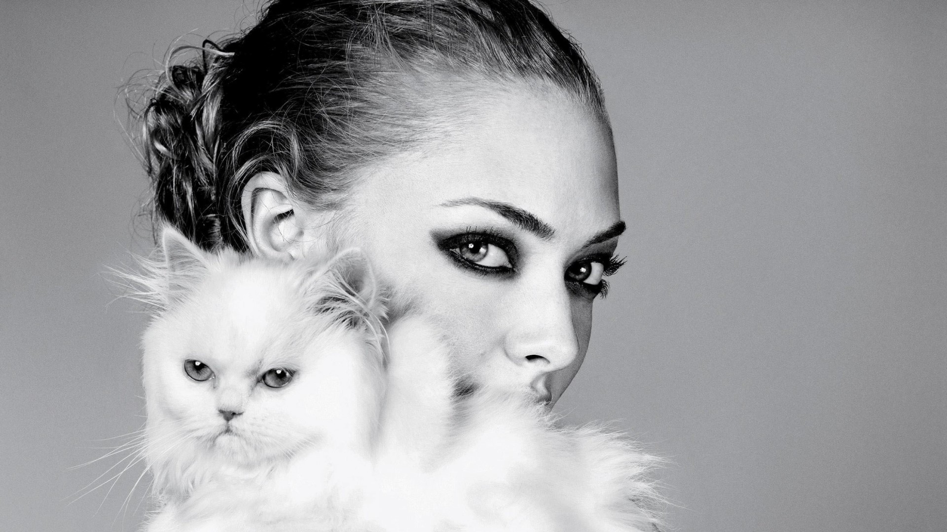 Amanda Seyfried with a white cat HD Wallpaper