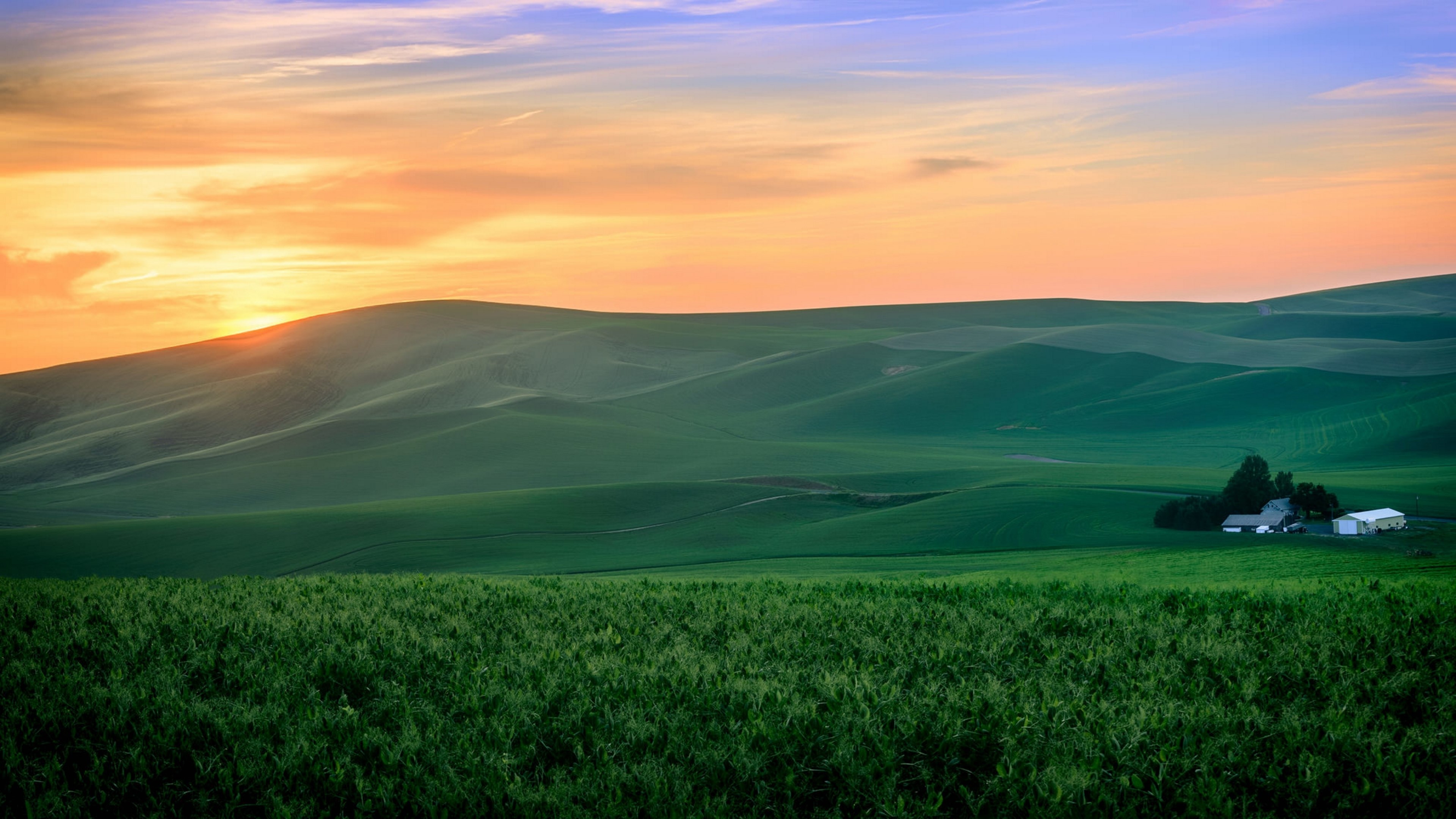4K Sunset over Rolling Green Hills HD Wallpaper