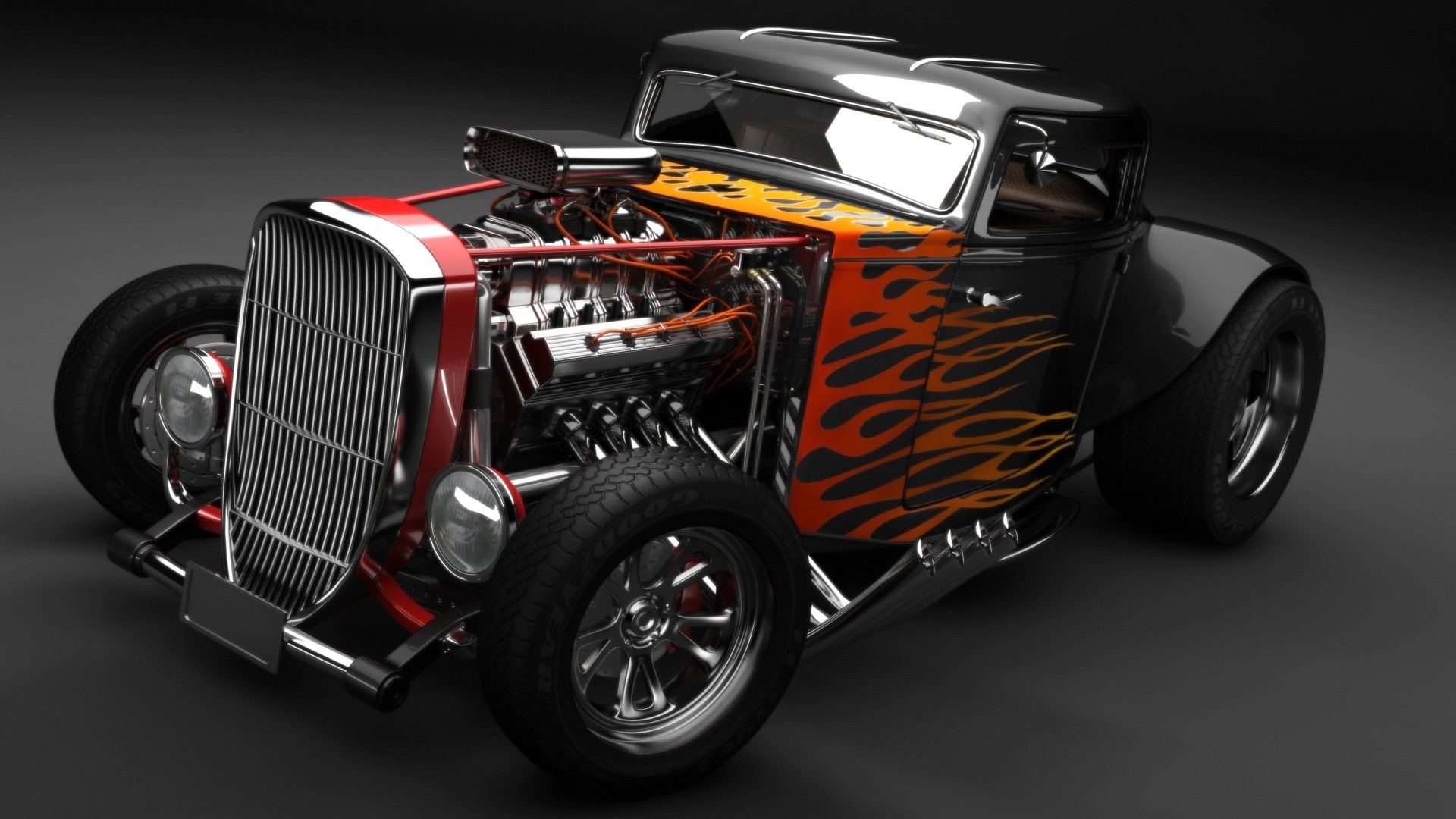 Black Hot Rod with Flames and Exposed Engine HD Wallpaper
