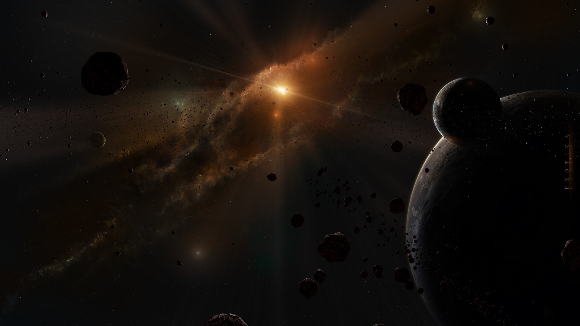 Exotika Space Scene with Planets and Asteroids HD Wallpaper