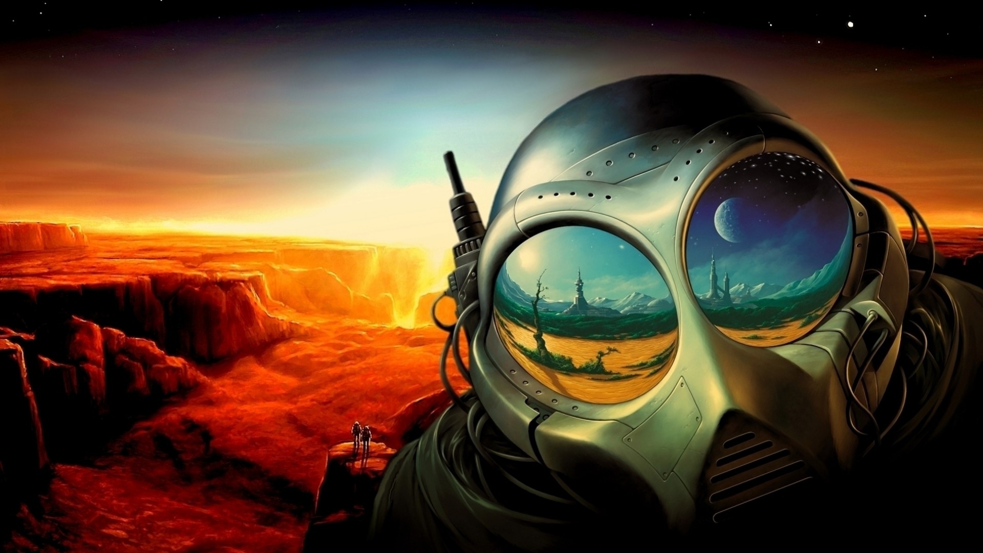 Alien landscape with astronaut mask reflection HD Wallpaper