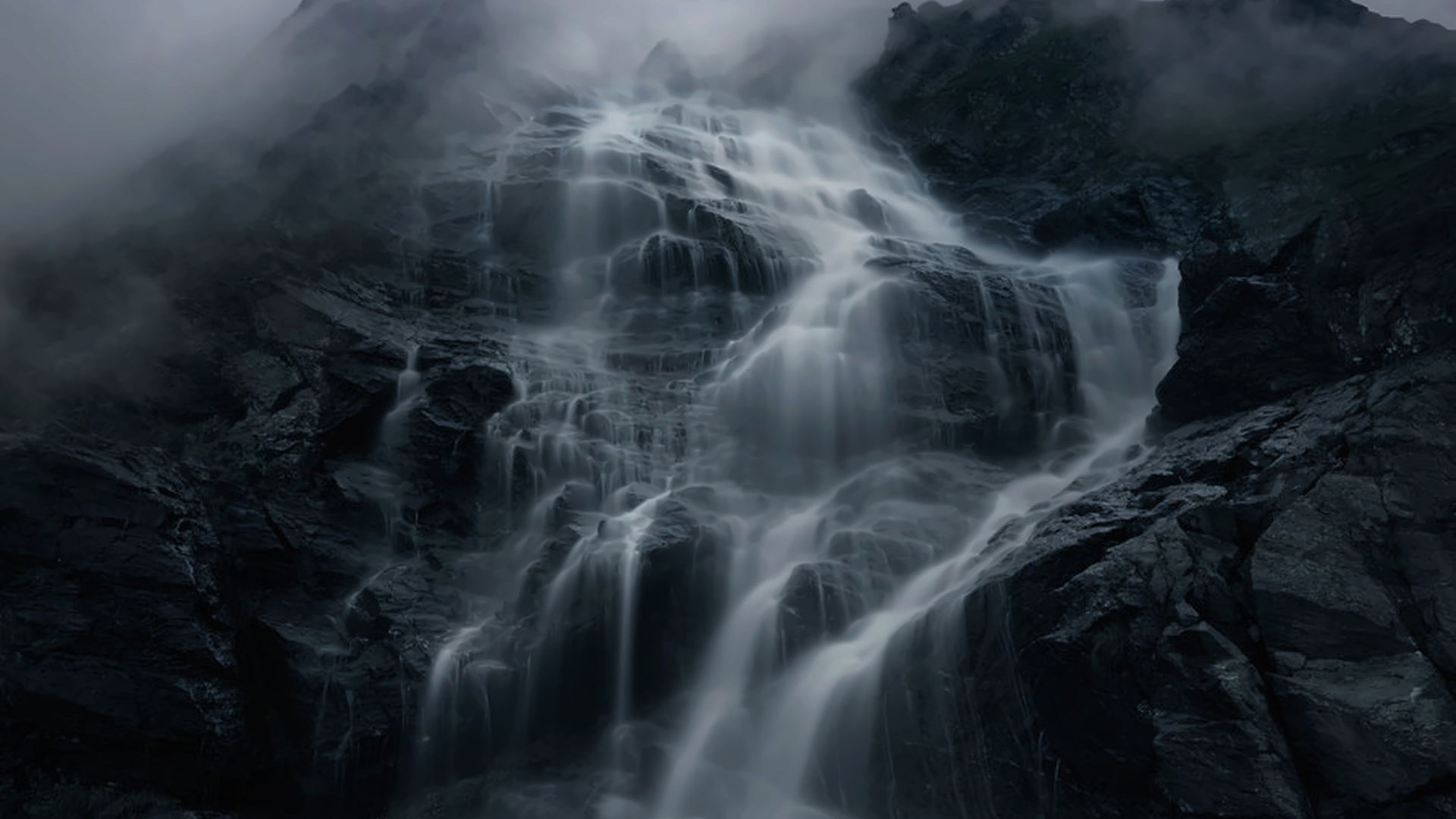 Misty Mountain Waterfall HD Wallpaper