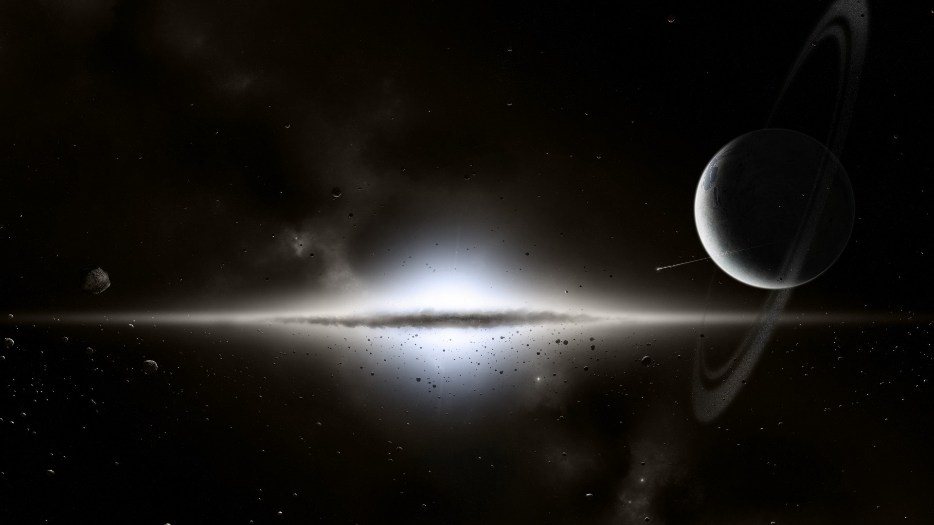 Planet with rings and asteroid belt in space HD Wallpaper