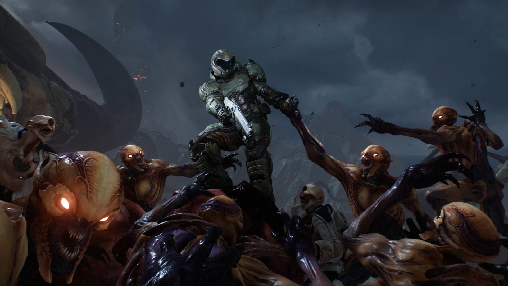 Doom Slayer fighting demons in a dark landscape HD Wallpaper