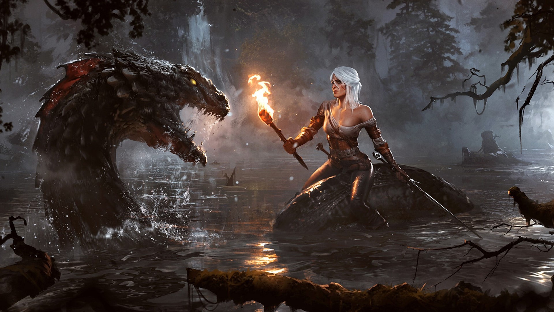 Ciri from The Witcher fighting a monster HD Wallpaper