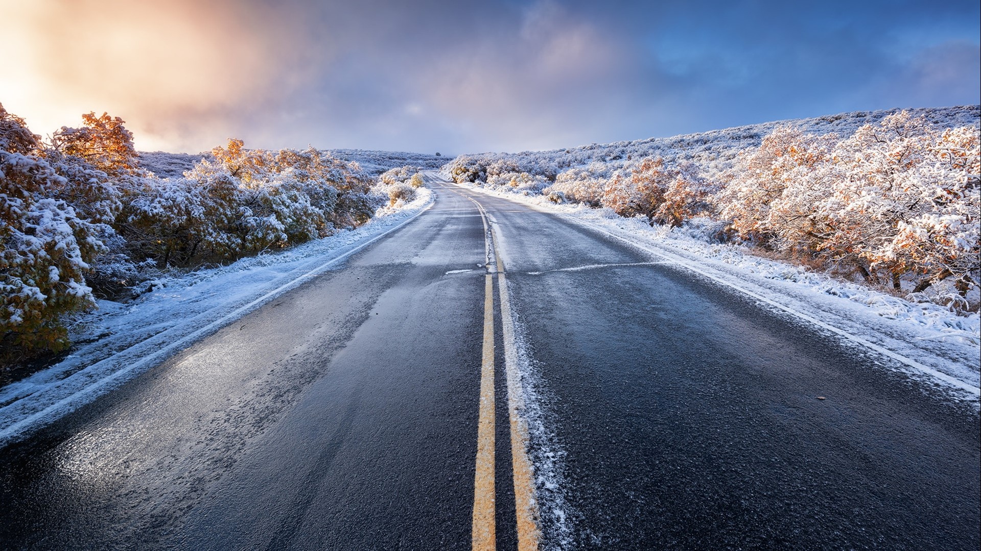 Wet road with snow on the sides HD Wallpaper