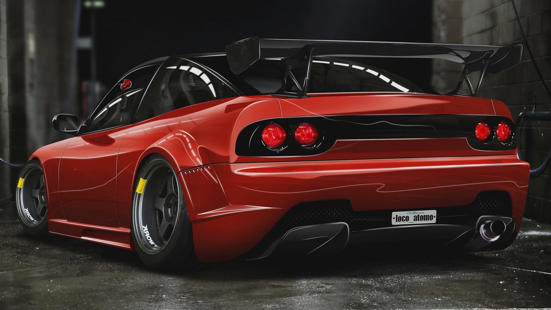 Red Nissan 240sx with large spoiler HD Wallpaper