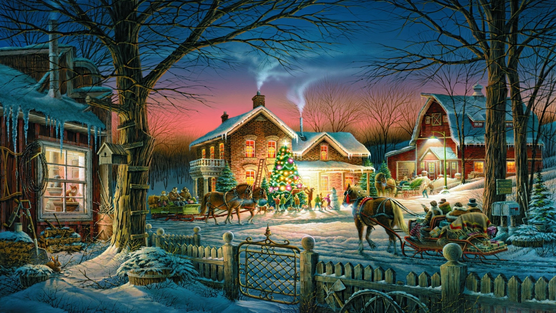 Christmas Eve on a snowy farm with horse-drawn sleigh HD Wallpaper