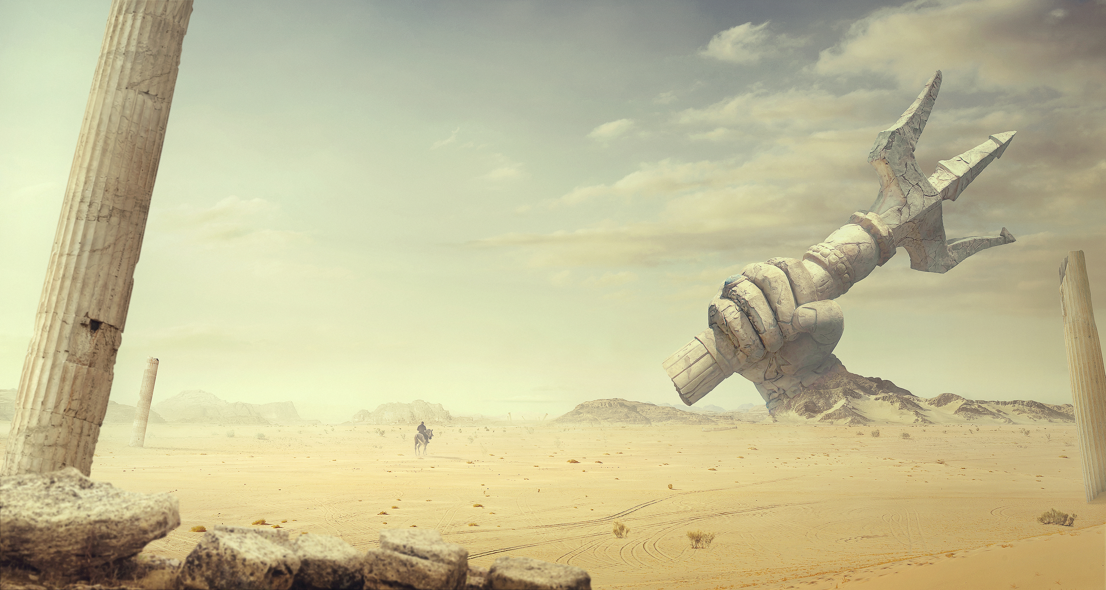 Giant Poseidon's Trident in Desert Ruins HD Wallpaper