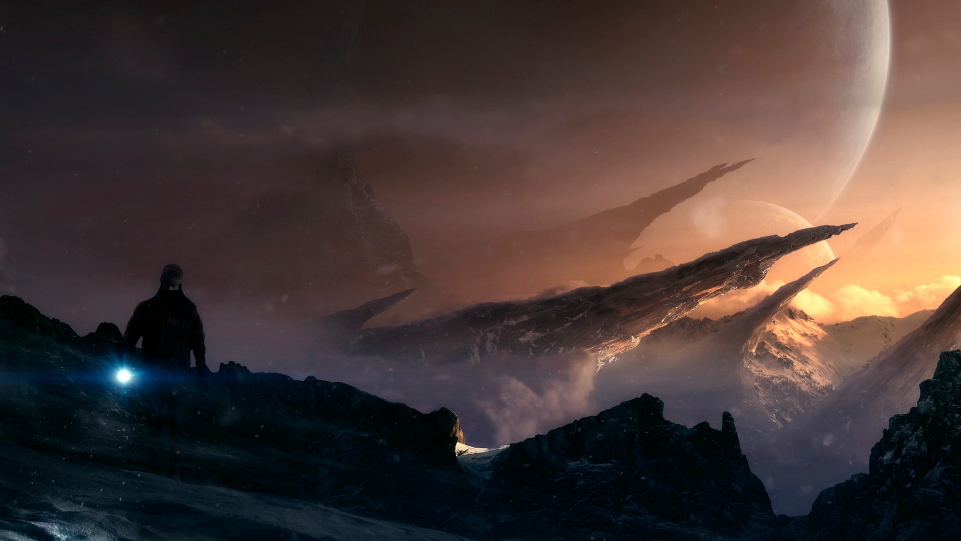 Man with flashlight on alien planet with moons HD Wallpaper