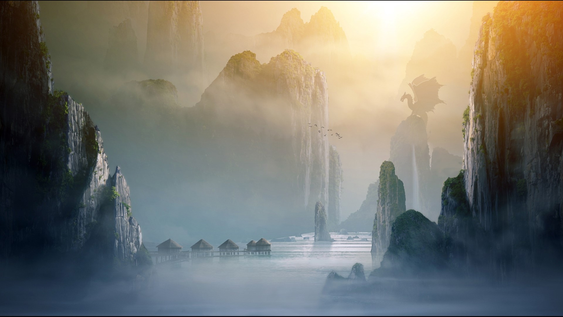 Fantasy landscape with dragon and huts HD Wallpaper