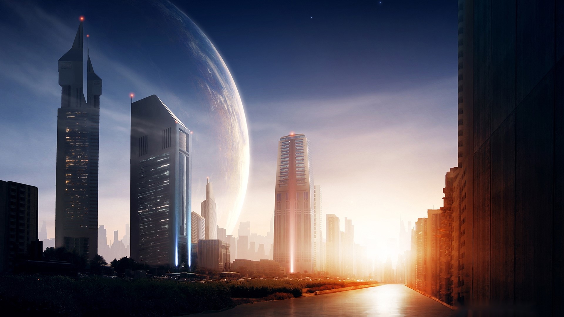 Futuristic Cityscape with a Planet in the Sky at Dawn HD Wallpaper