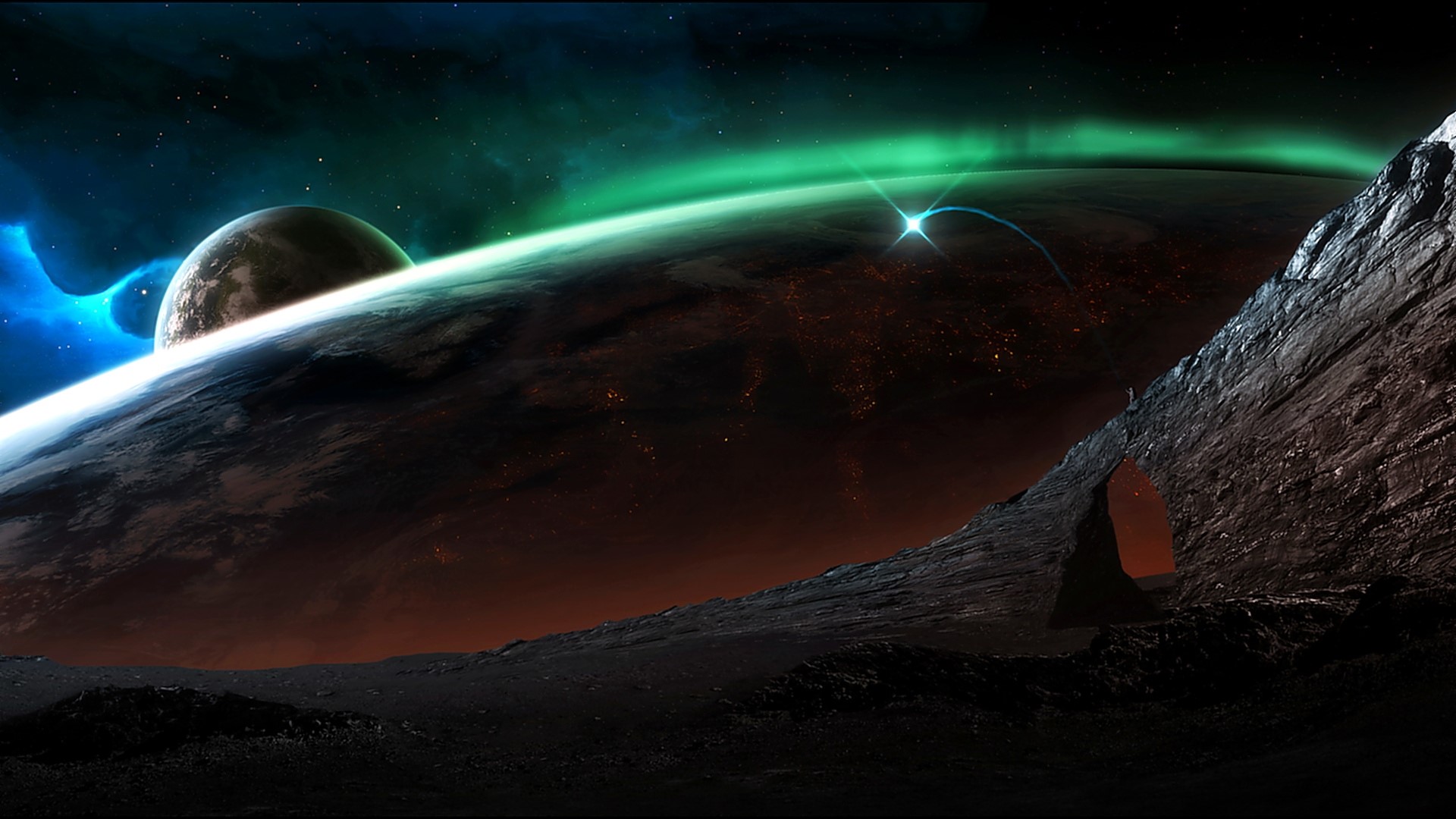 Alien Planet with Aurora and Moon HD Wallpaper