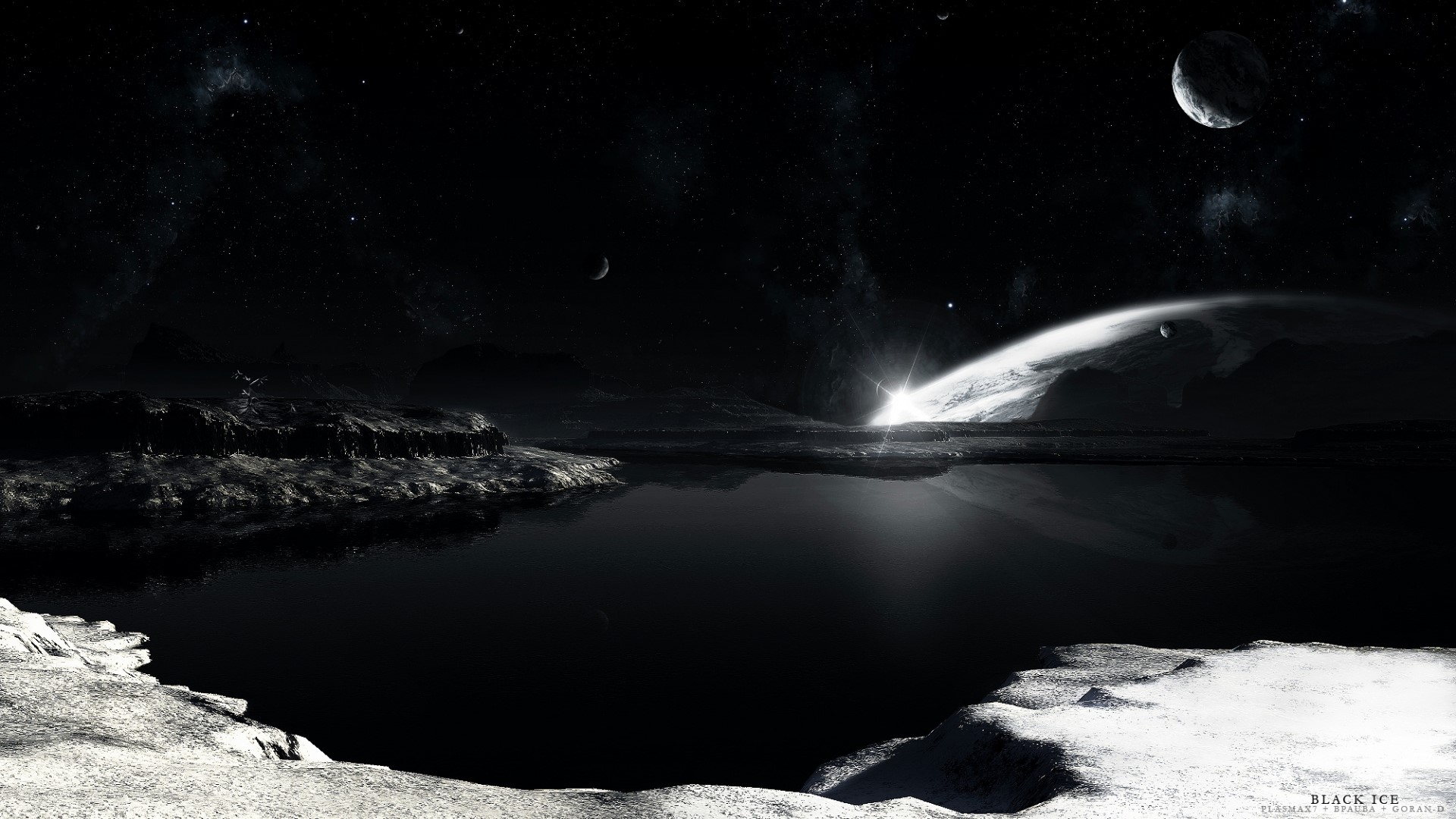 Black Ice Space Landscape with Planets HD Wallpaper