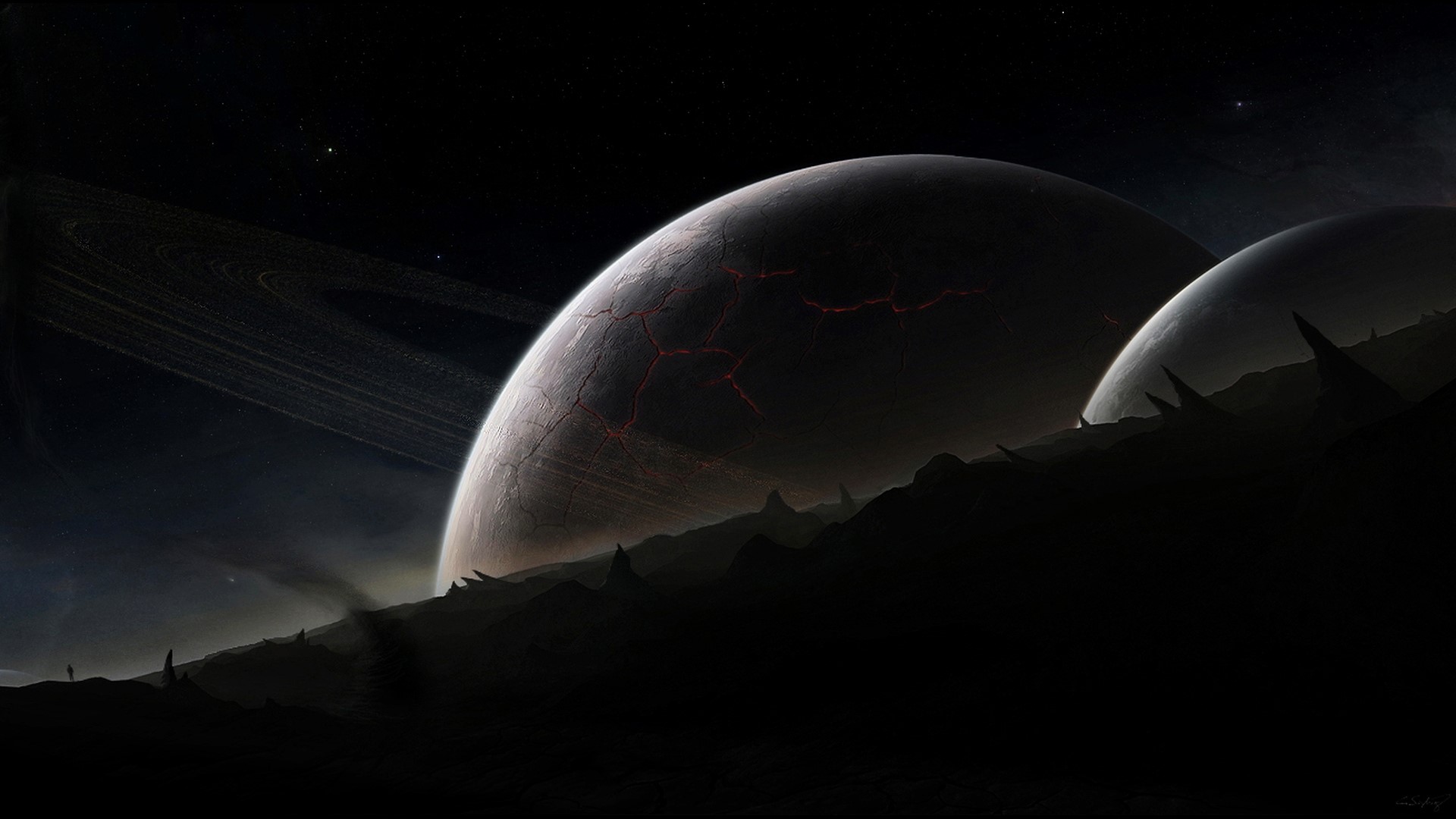 Alien planets with rings and cracked surface HD Wallpaper