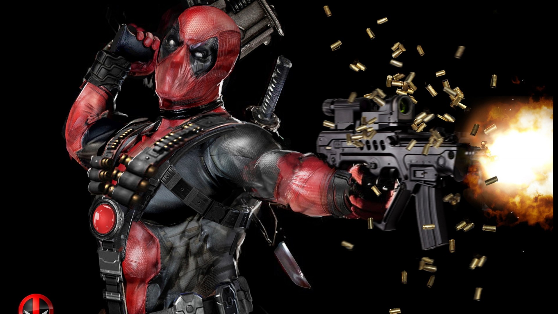 Deadpool firing a gun with bullets and explosion HD Wallpaper