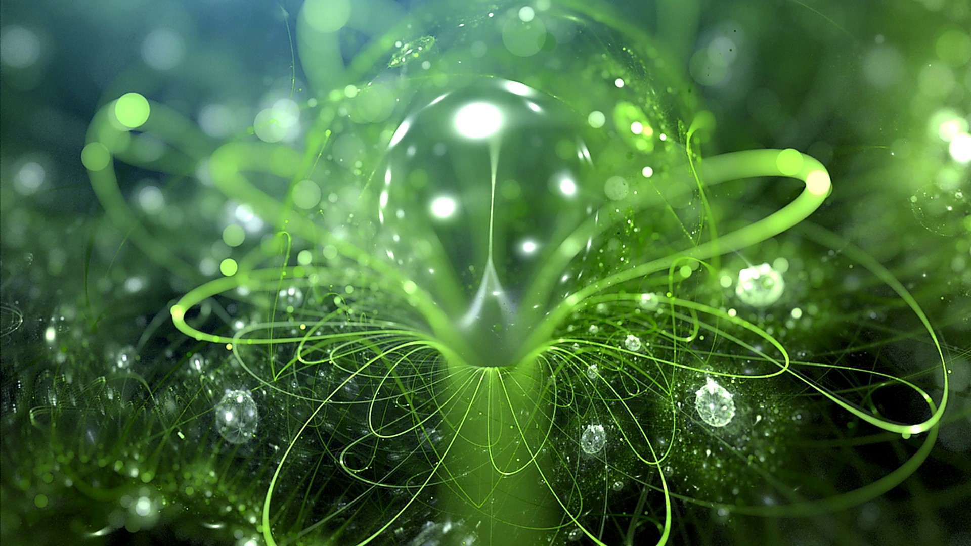 Abstract green fractal with glowing orbs HD Wallpaper