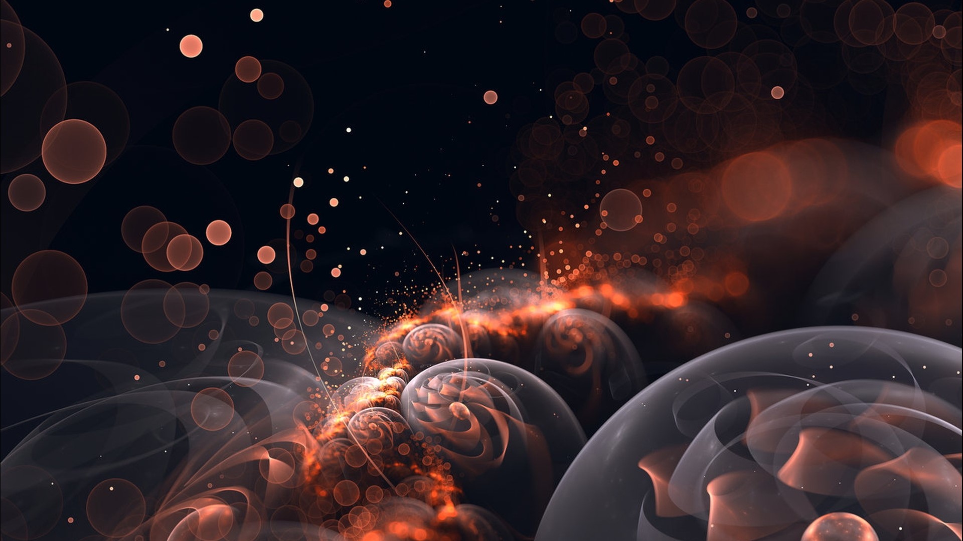 Abstract fractal art with glowing orange orbs HD Wallpaper