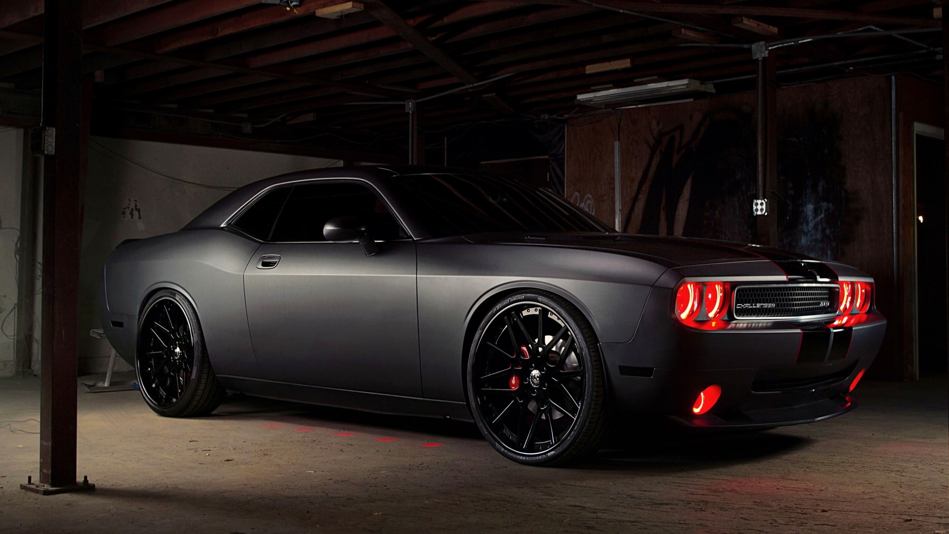 Matte black Dodge Challenger with red accents HD Wallpaper