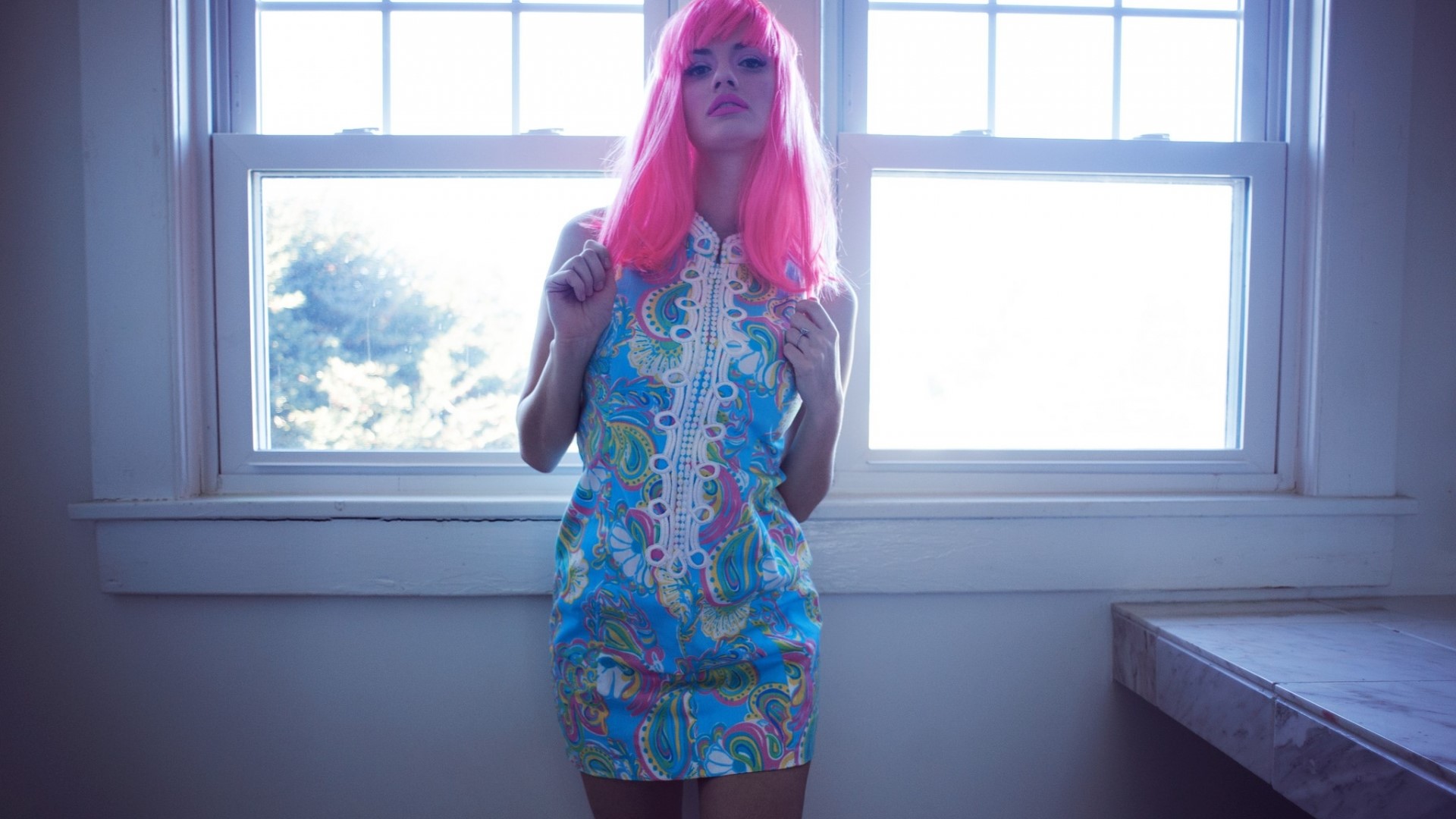 Woman with pink hair in a colorful dress HD Wallpaper
