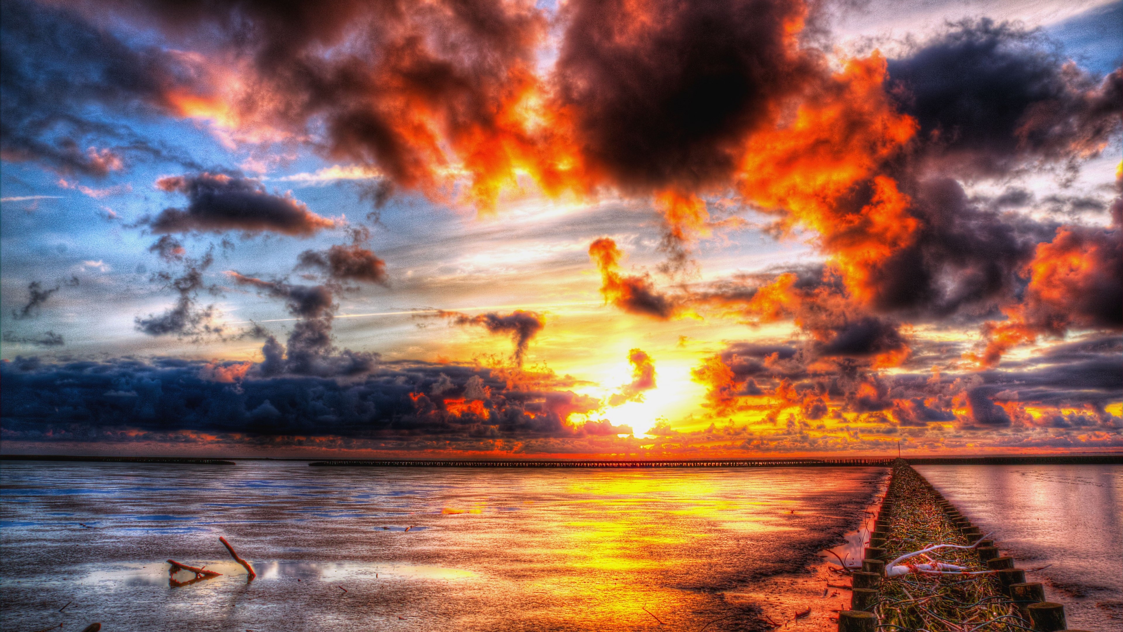 4K Ocean Sunset with Pier HD Wallpaper