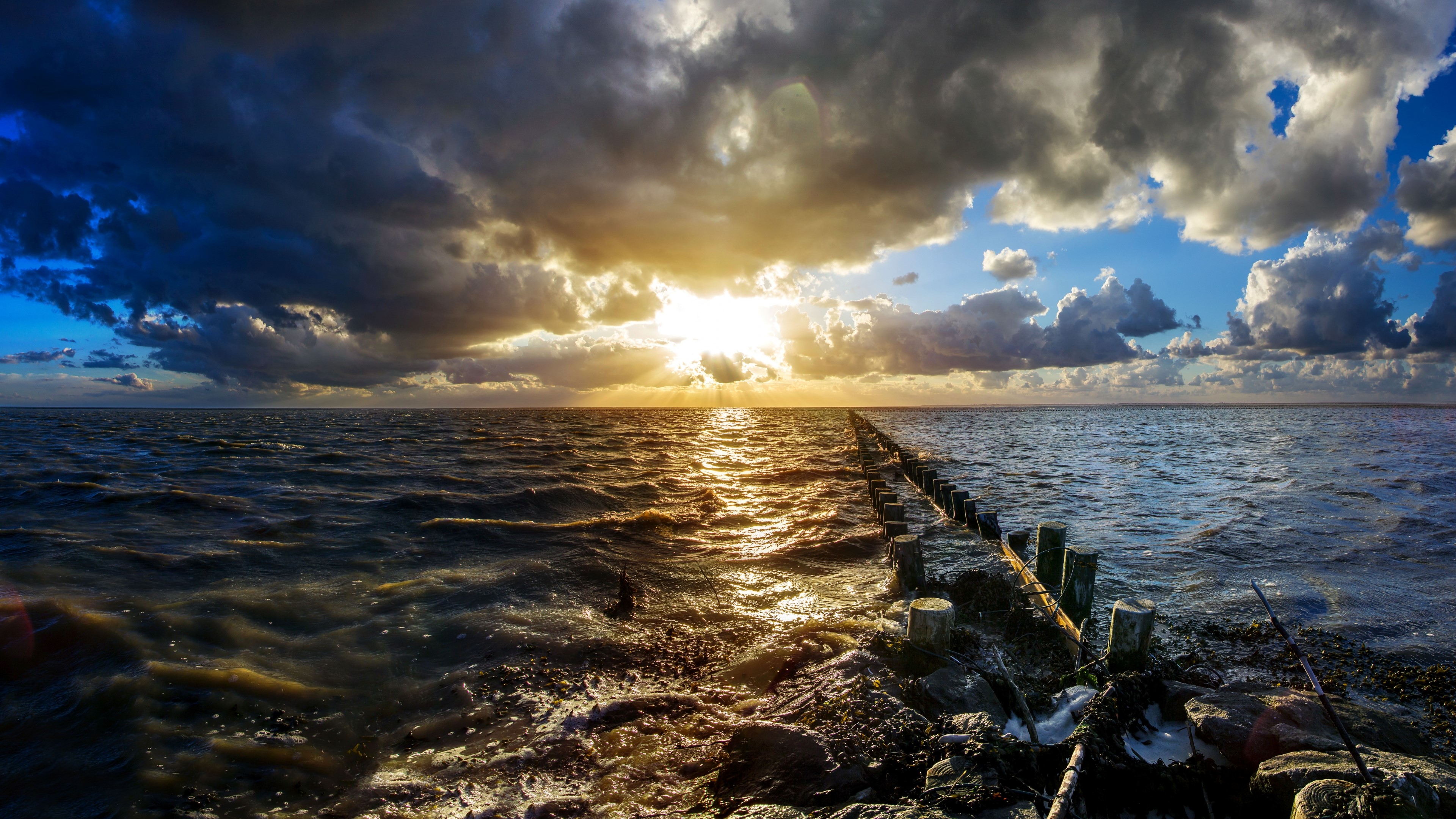 4K Ocean Sunset with Wooden Pier HD Wallpaper