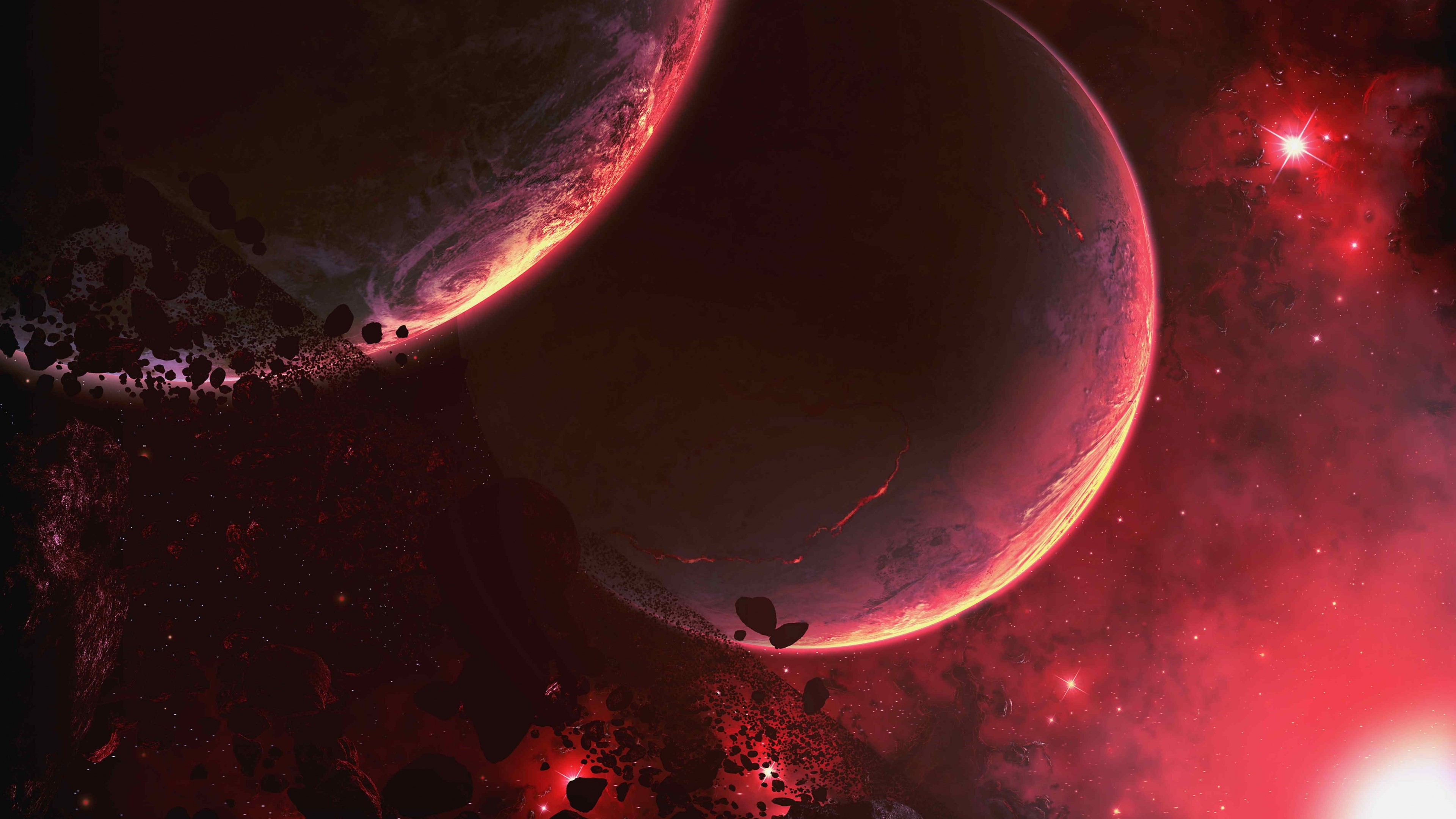 4K Planets in a Red Nebula HD Wallpaper