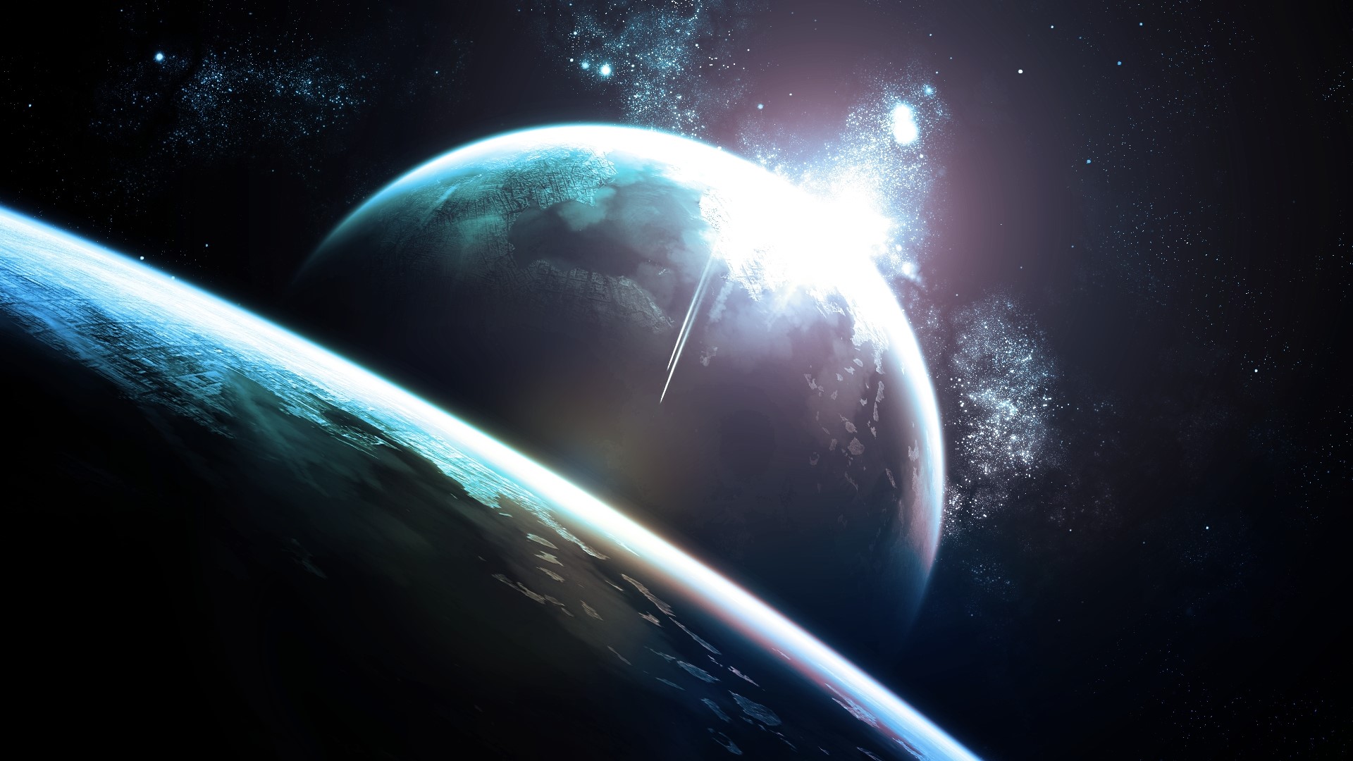 Two planets in space with a bright star HD Wallpaper