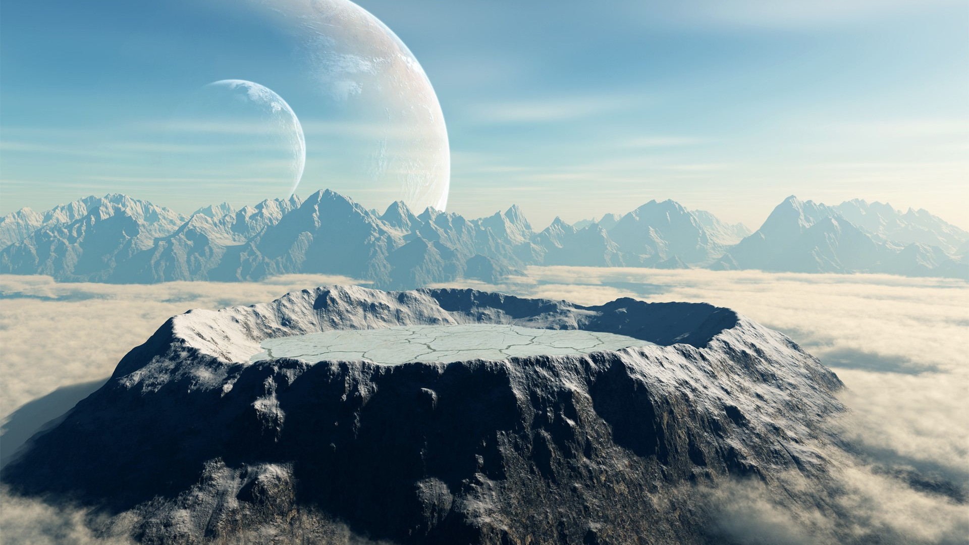 Alien planet with crater and moons HD Wallpaper