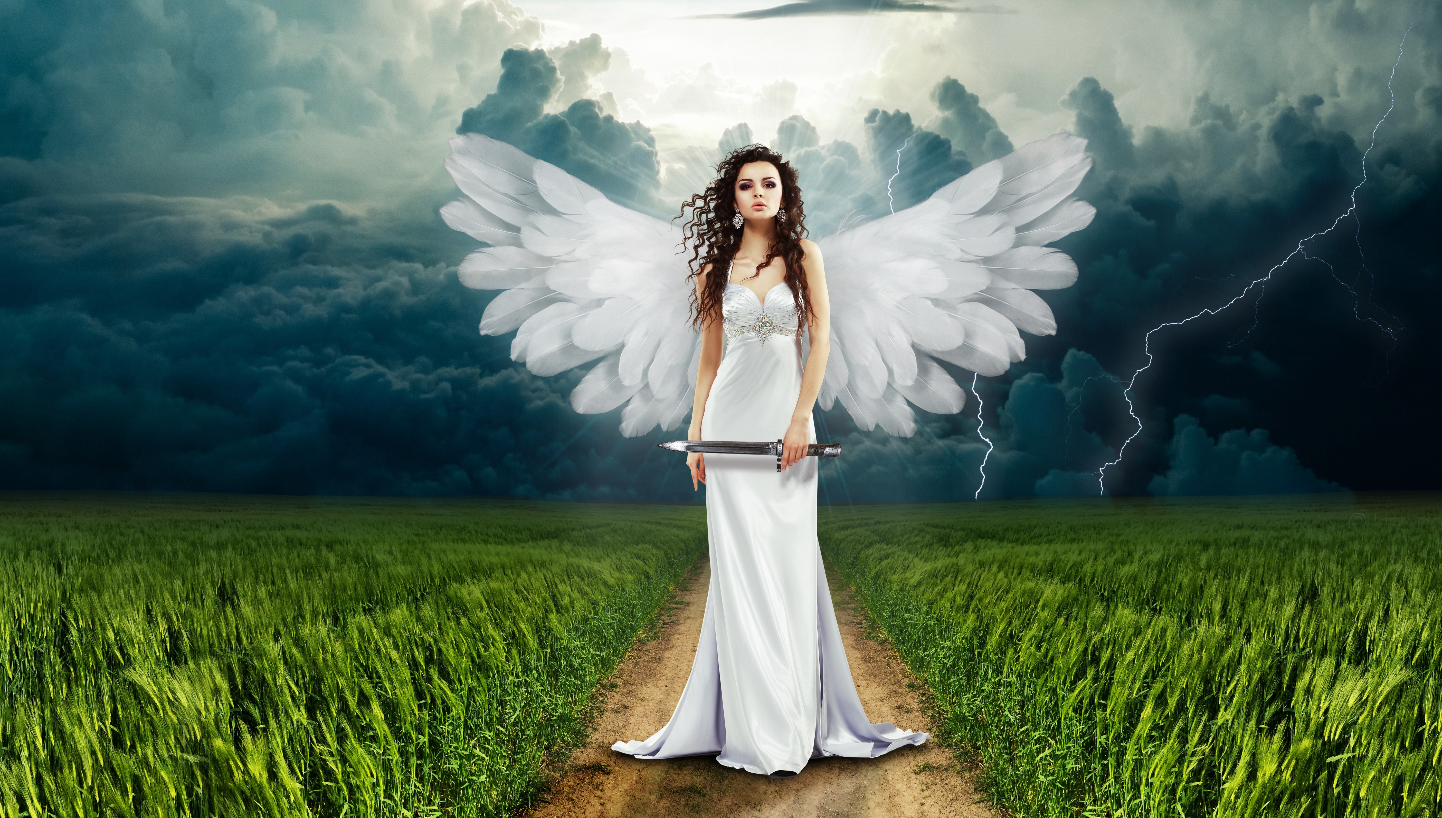 Angel with Sword in a Stormy Landscape 4K HD Wallpaper
