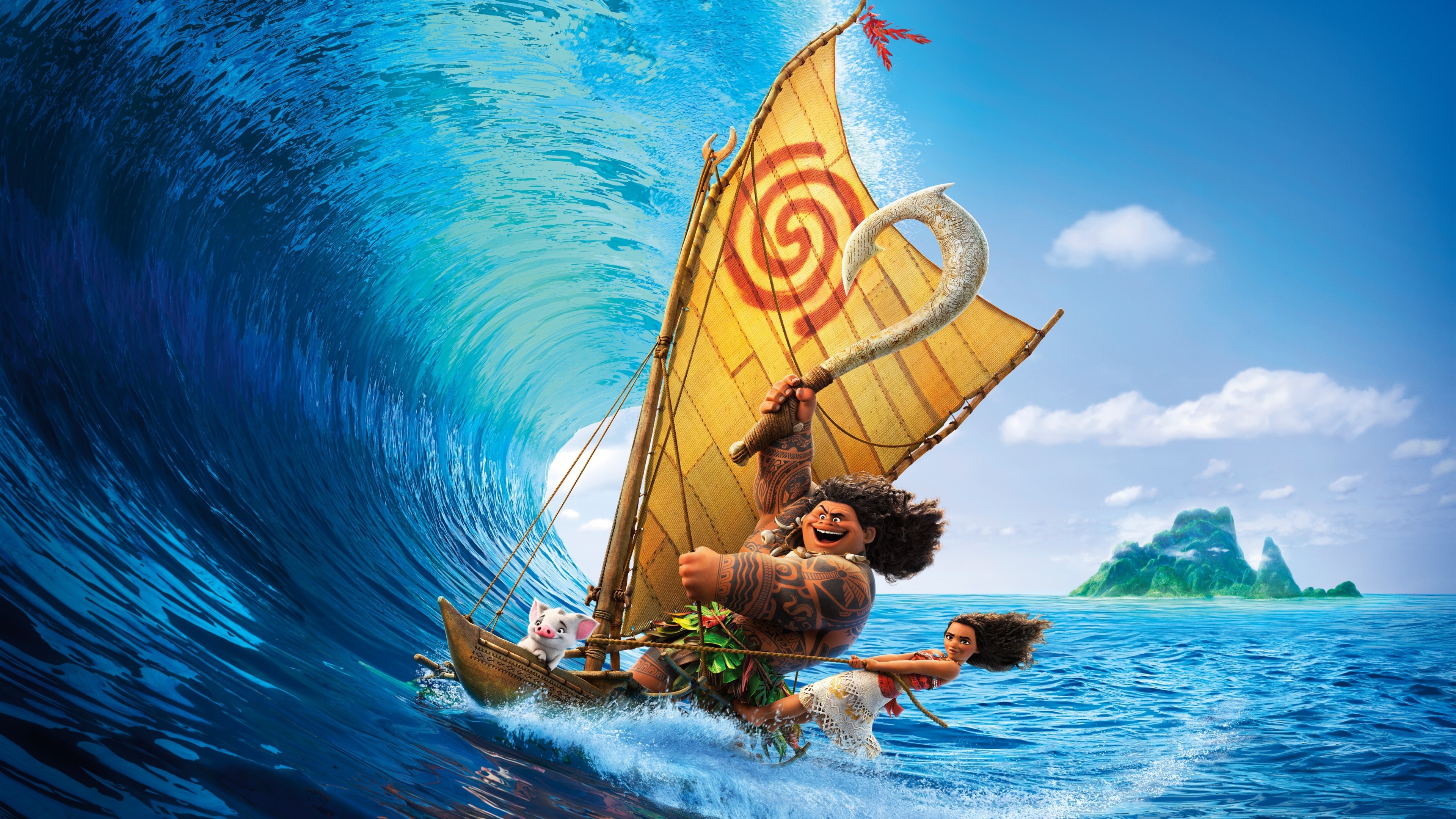 4K Moana Maui and Moana sailing on a boat HD Wallpaper