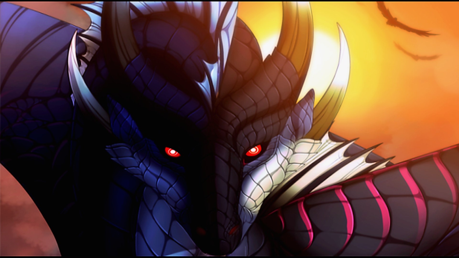 Dragon with red eyes in front of sunset HD Wallpaper