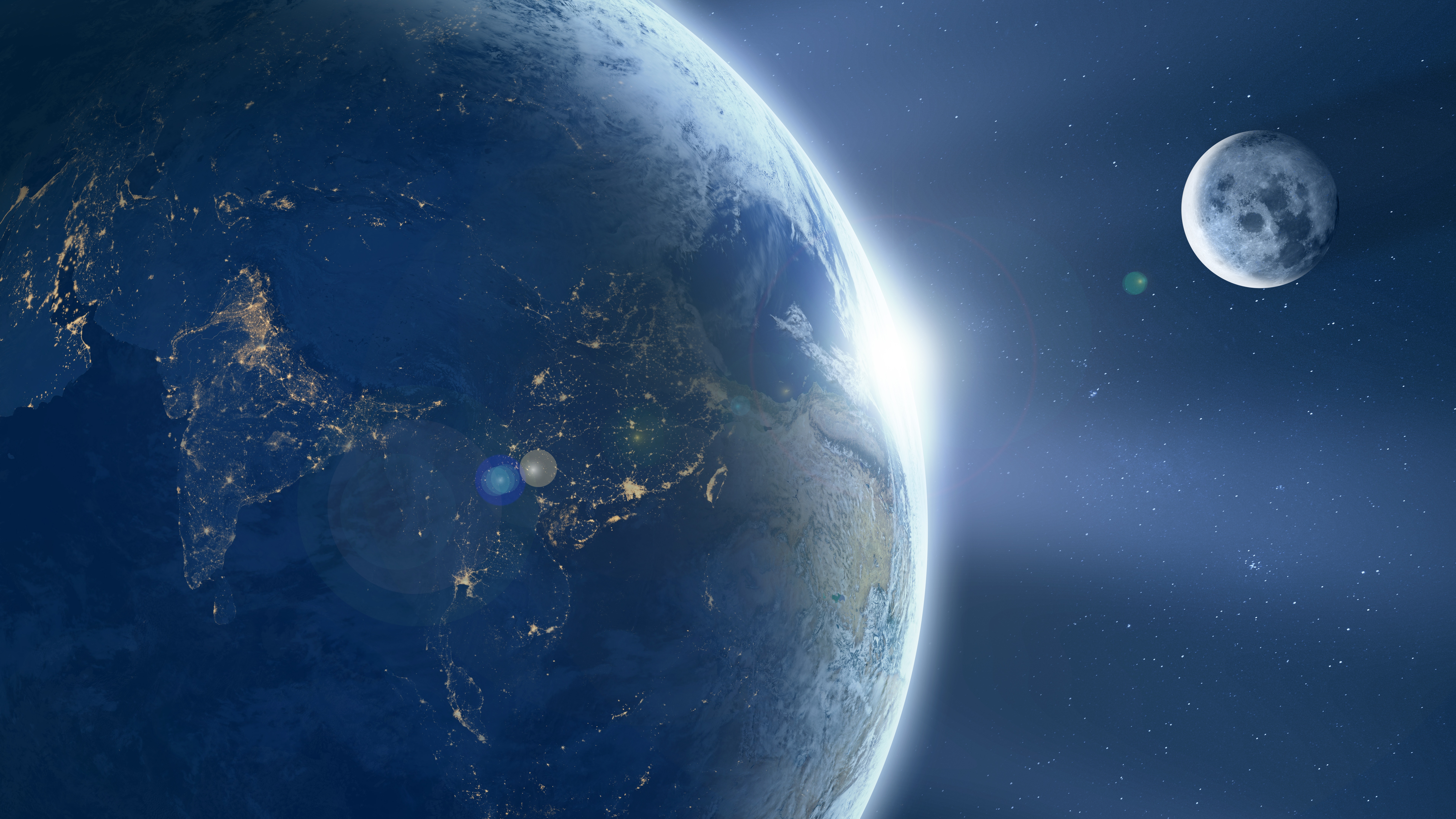 Earth and Moon in Space with Sunrise HD Wallpaper