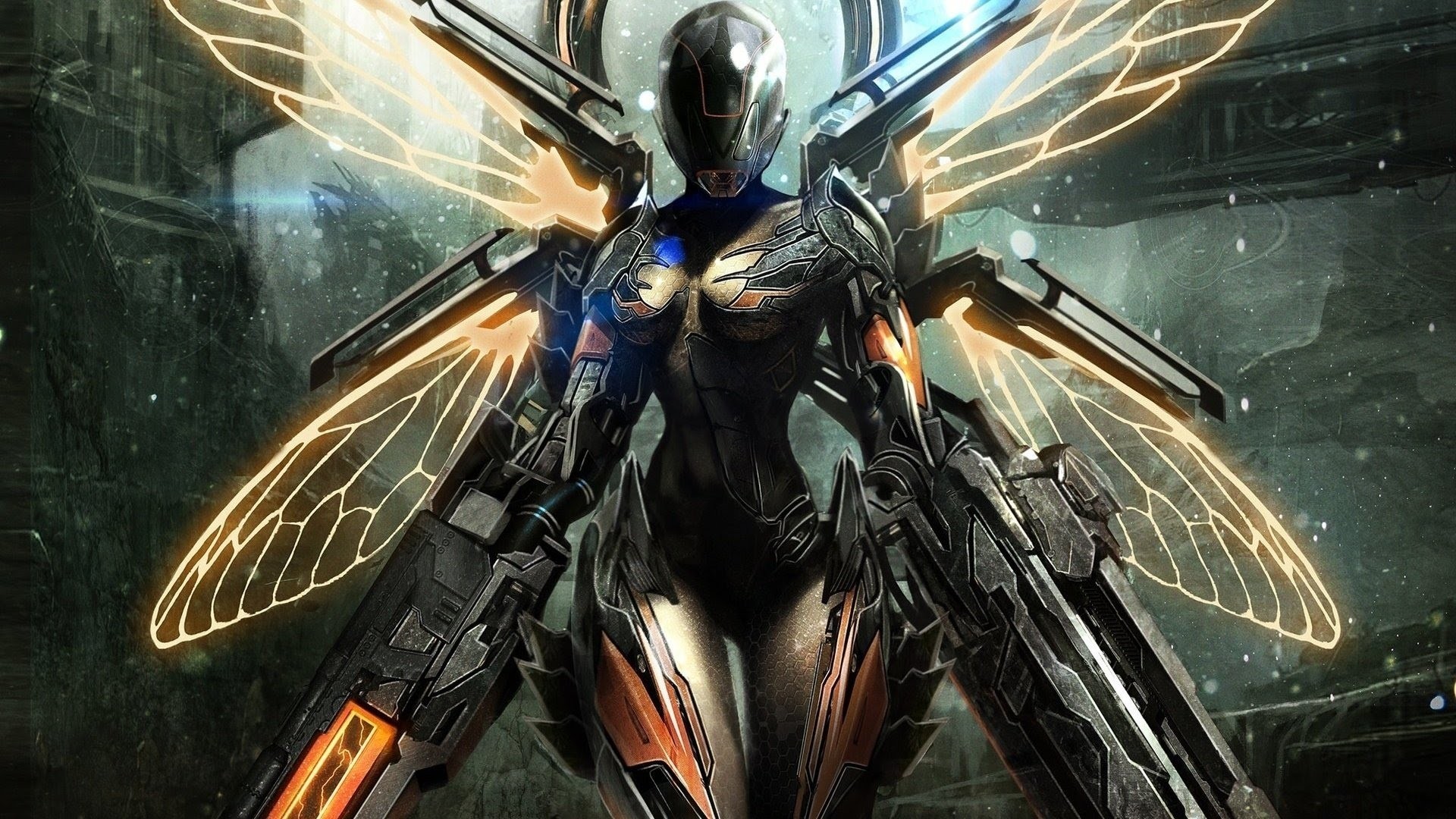 Warframe character with mechanical wings and guns HD Wallpaper