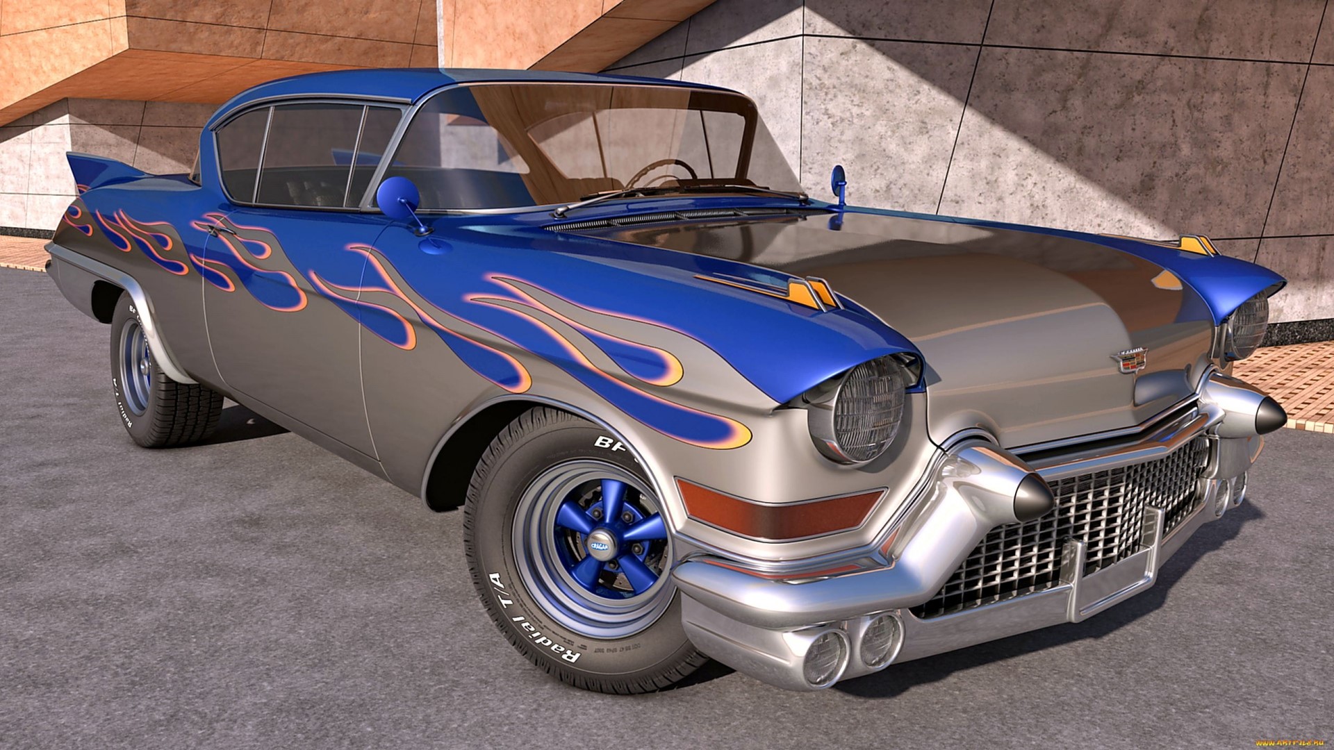 Customized classic Cadillac with flame decals HD Wallpaper