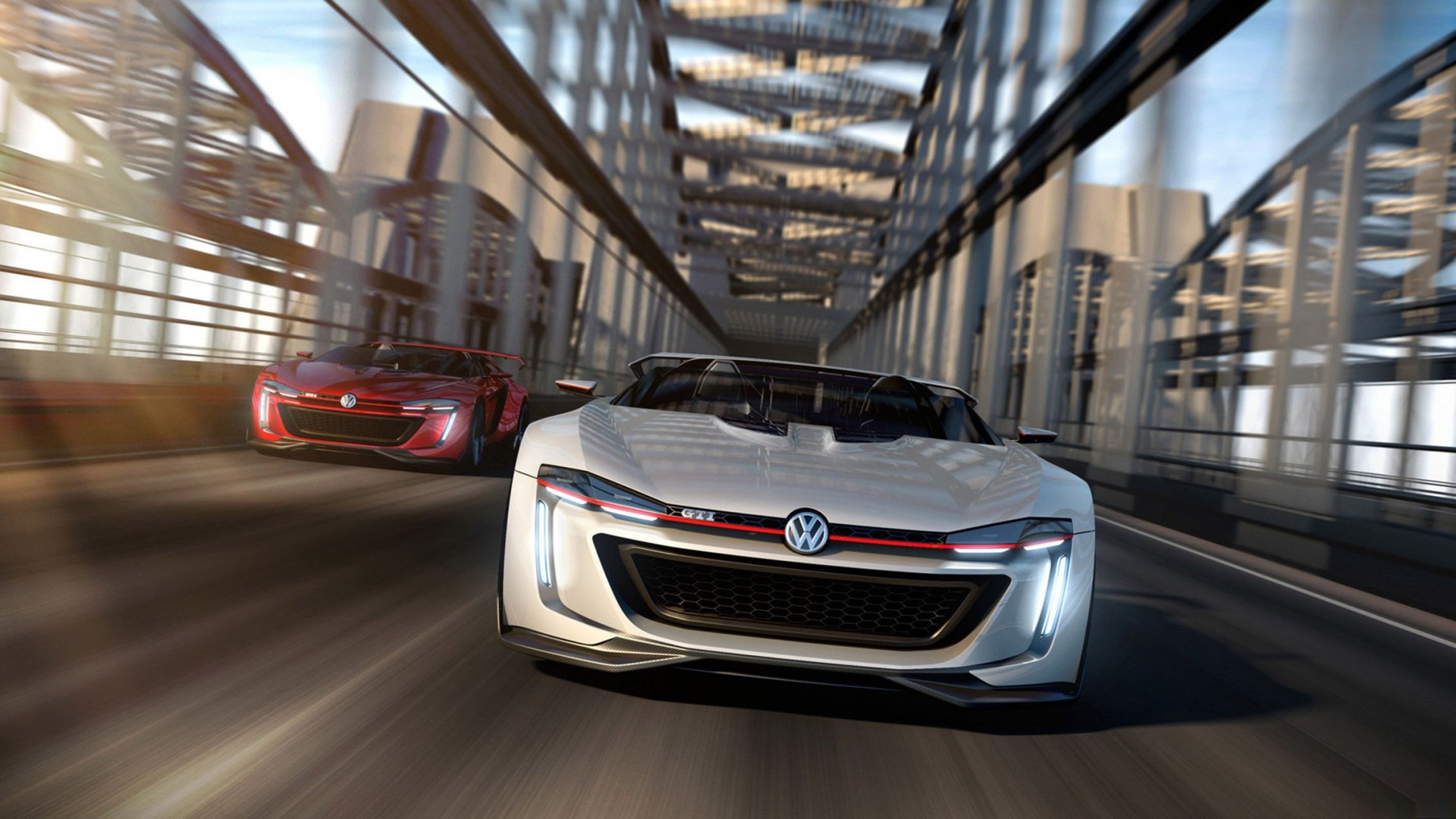 Volkswagen GTI concept cars racing on a bridge HD Wallpaper